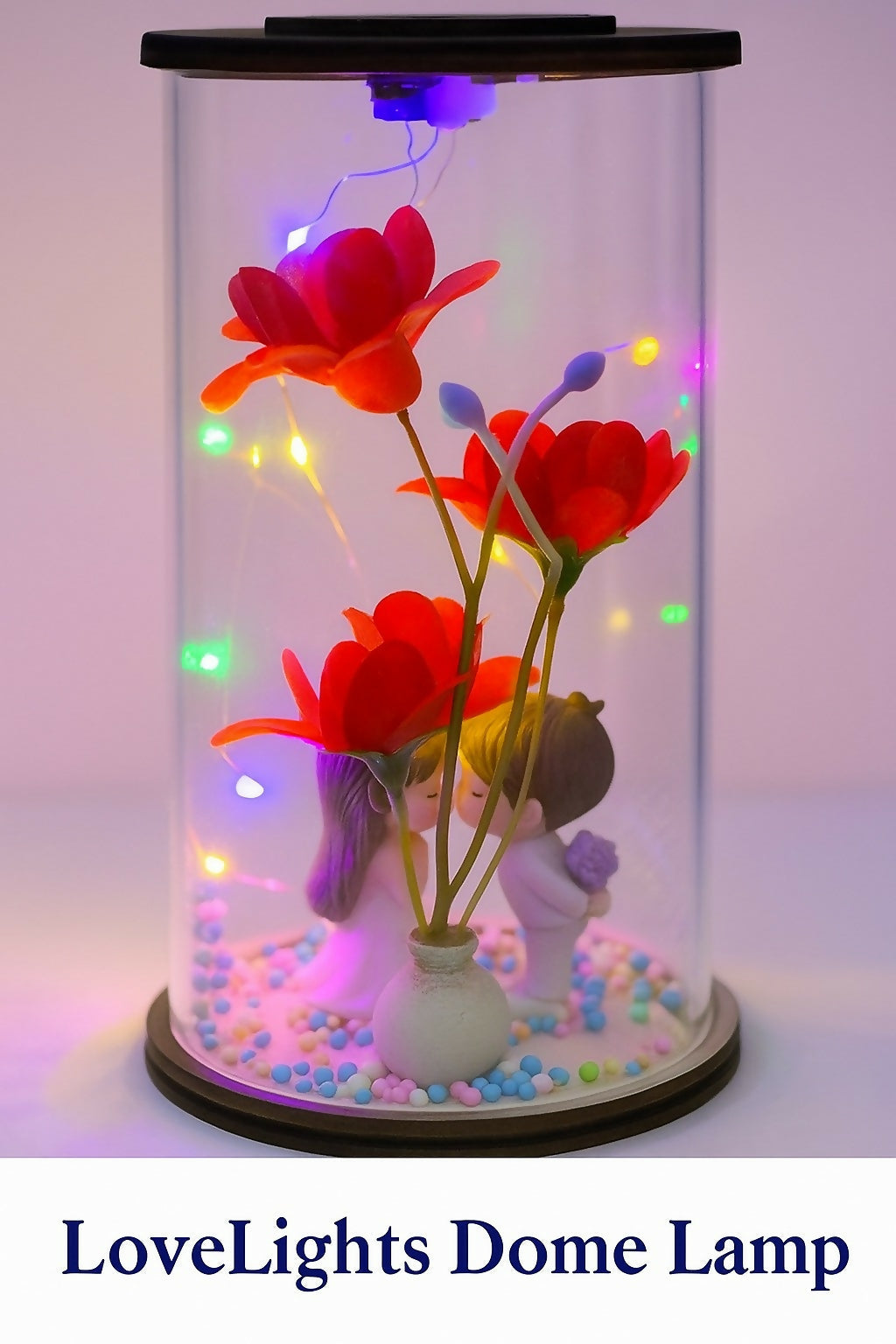 Romantic Couple Flower LED Glass Dome Decorative Night Lamp