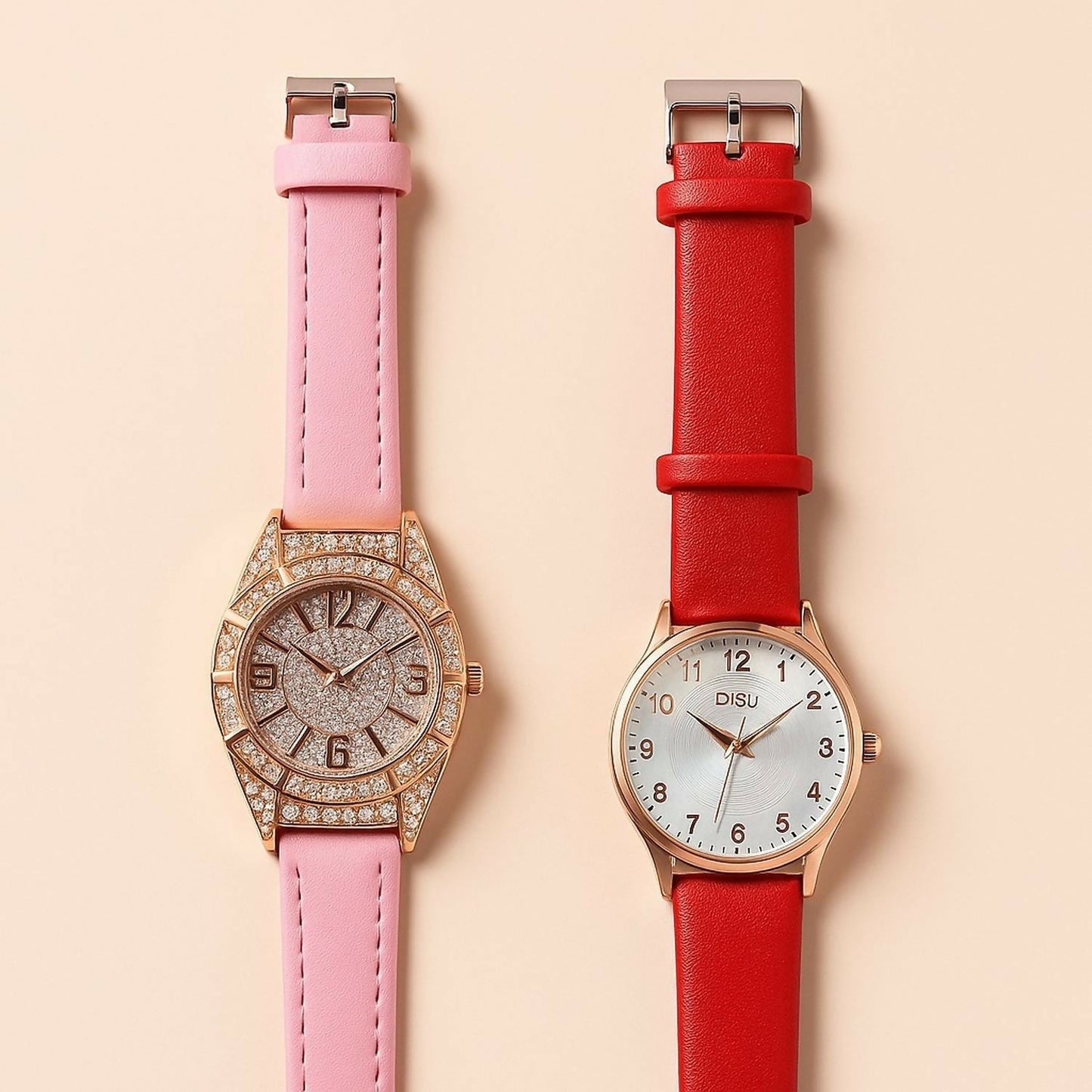 Stylish Leather Strap Analog Watch with Sparkling Heart Keychain