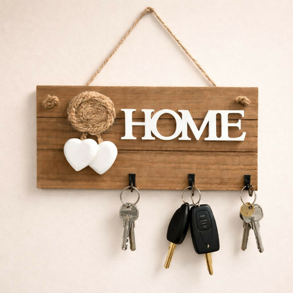 Wooden HOME Key Holder Wall Mount with 3 Hooks Organizer