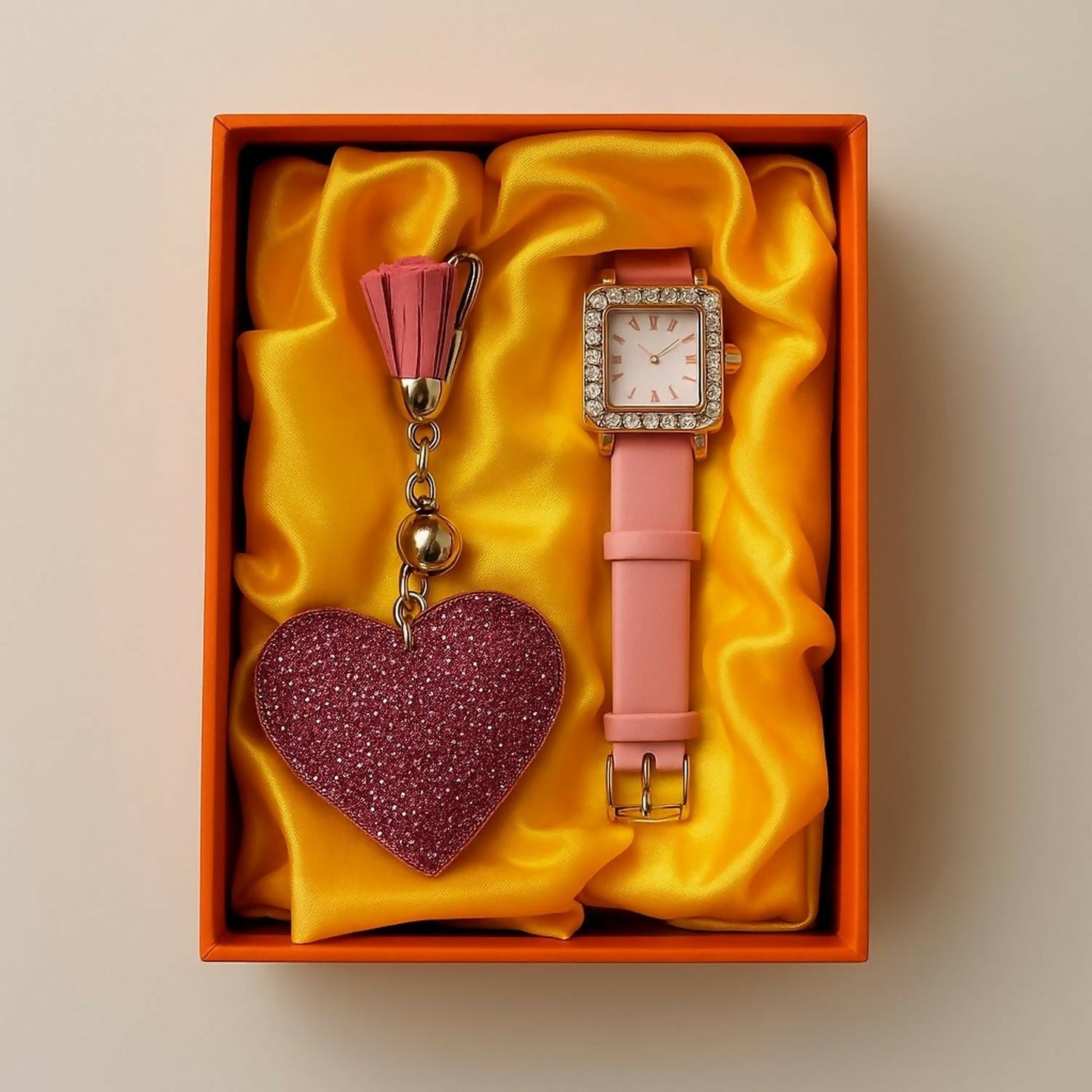 Stylish Leather Strap Analog Watch with Sparkling Heart Keychain