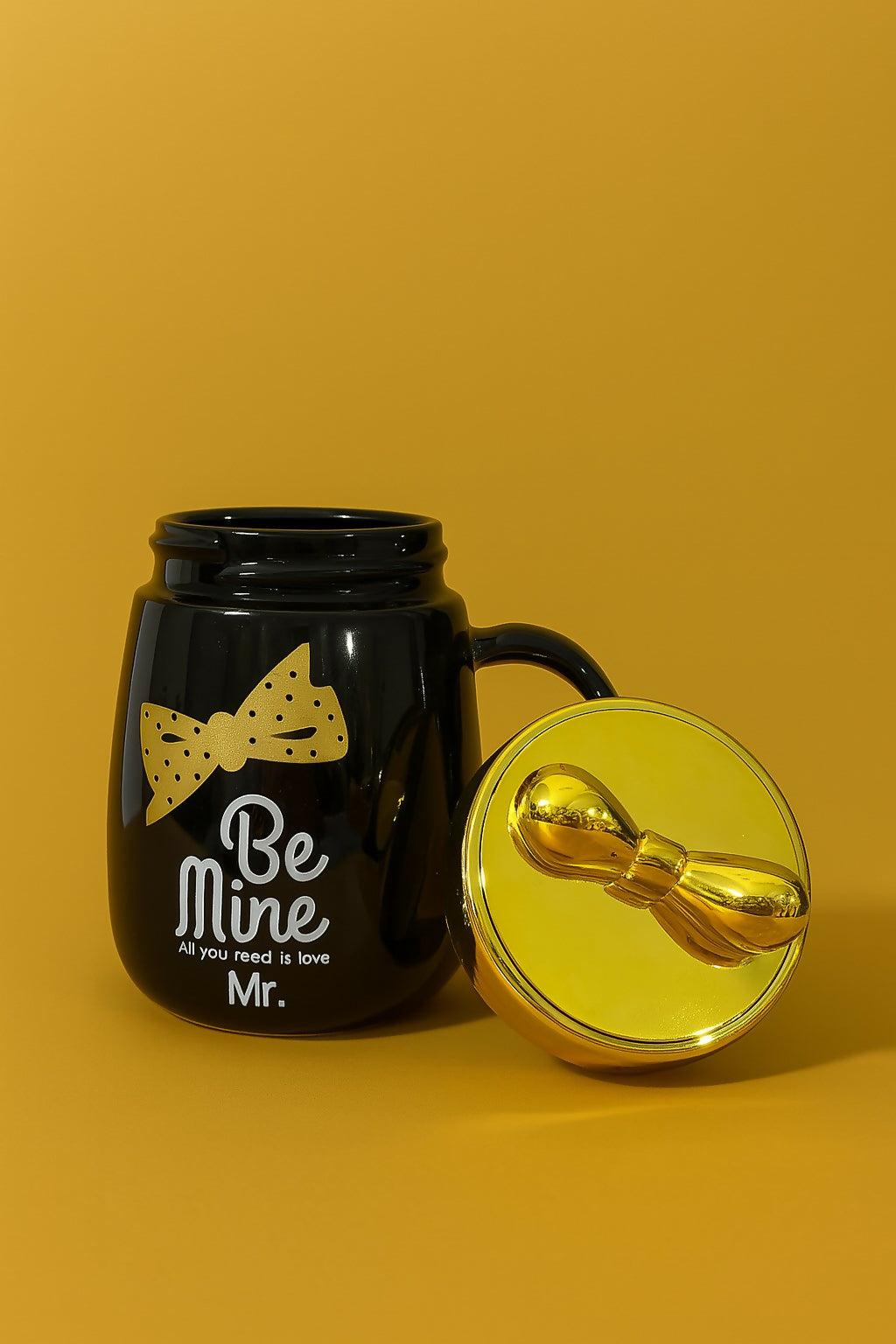 "Be Mine Mr. Black Ceramic Coffee Mug with Golden Lid and Bow Tie