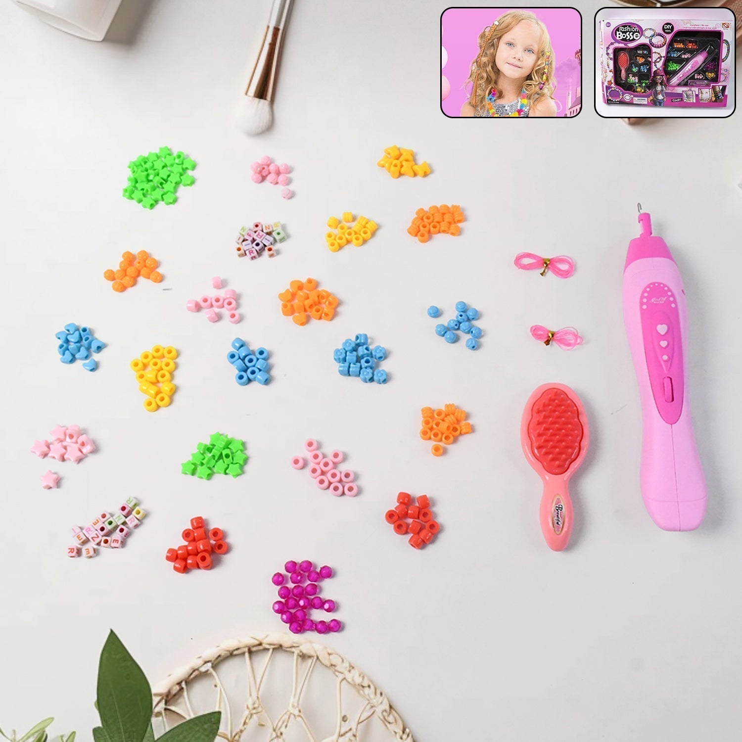 Hair Styling Clasp Clips Twisting Stringing Beads Kit for Girls, Portable Hair Braider Machine,Hairstyle Braid Kit DIY Hair Styling Tool with Comb, Rubber, Button Beads and Beads (85 Pcs Set), Hair accessories