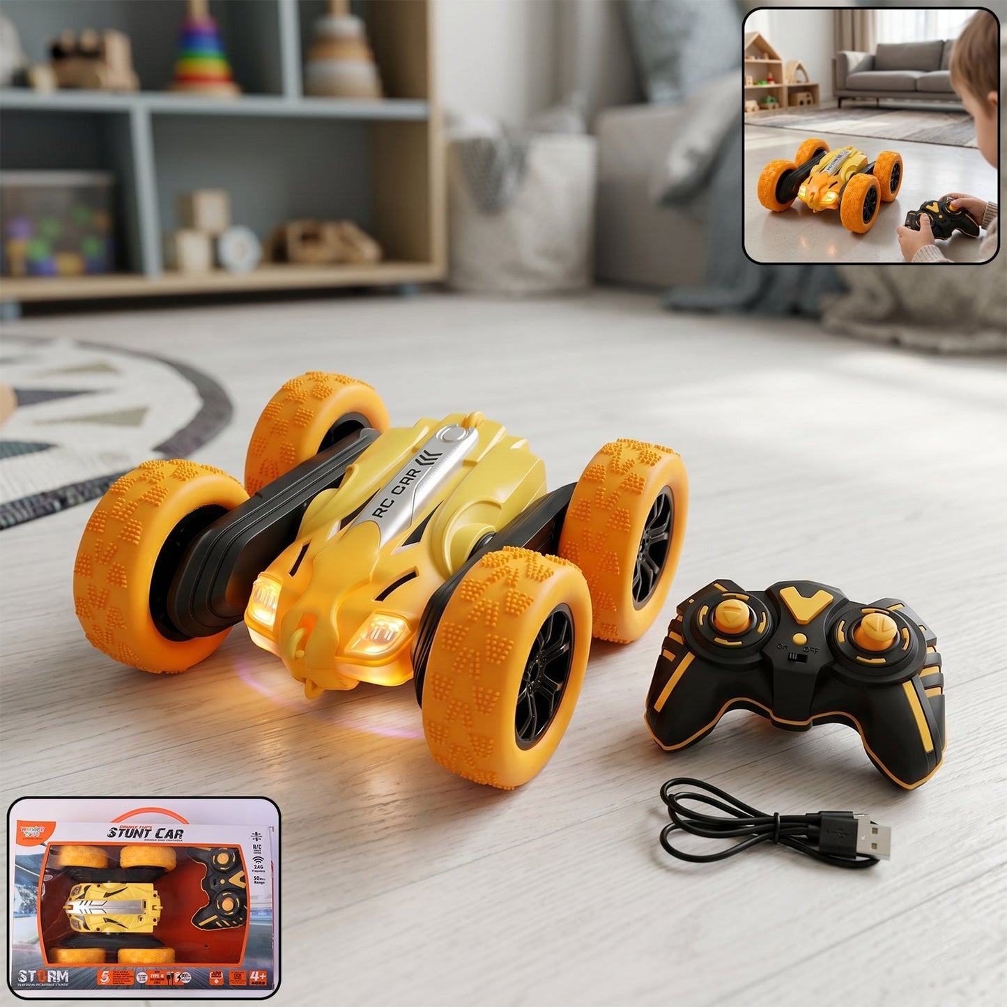 Remote Control Double Flip Stunt Car Rechargeable RC Toy for Kids Play (1 Pc)