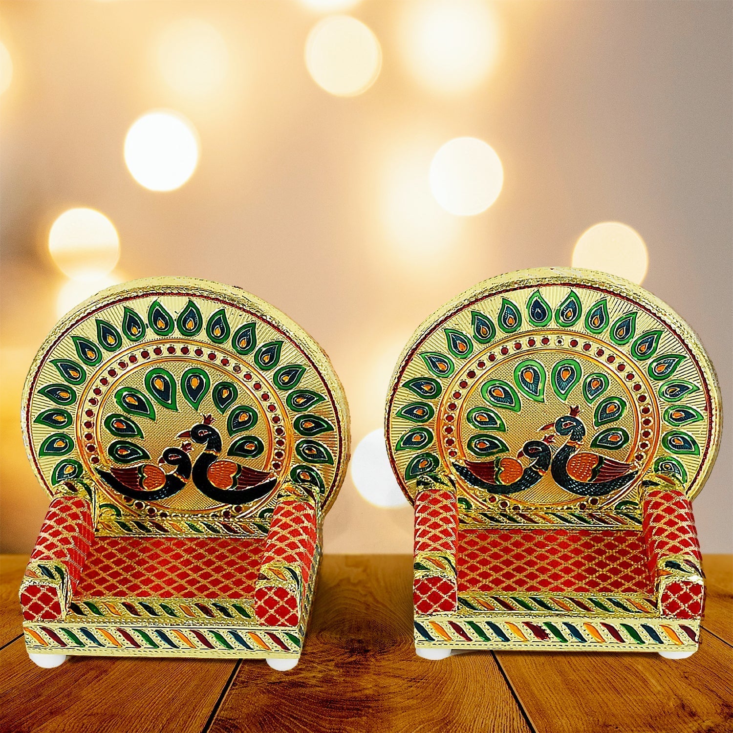 Meenakari Work Laddu Gopal Singhasan  / Sihasan for Pooja Mandir Wooden Krishna Ladoo Bal Gopal Sofa Asan, Home Decorative Premium Look Decorative Singhasan Suitable For Home, Office, Restaurant (2 Pc Set)