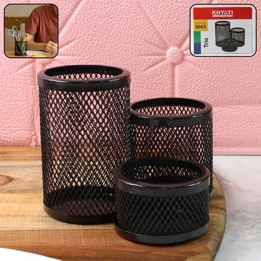 Khyati Trio Metal Mesh Pen Stand â€“ 3-in-1 Round Desk Organizer Set
