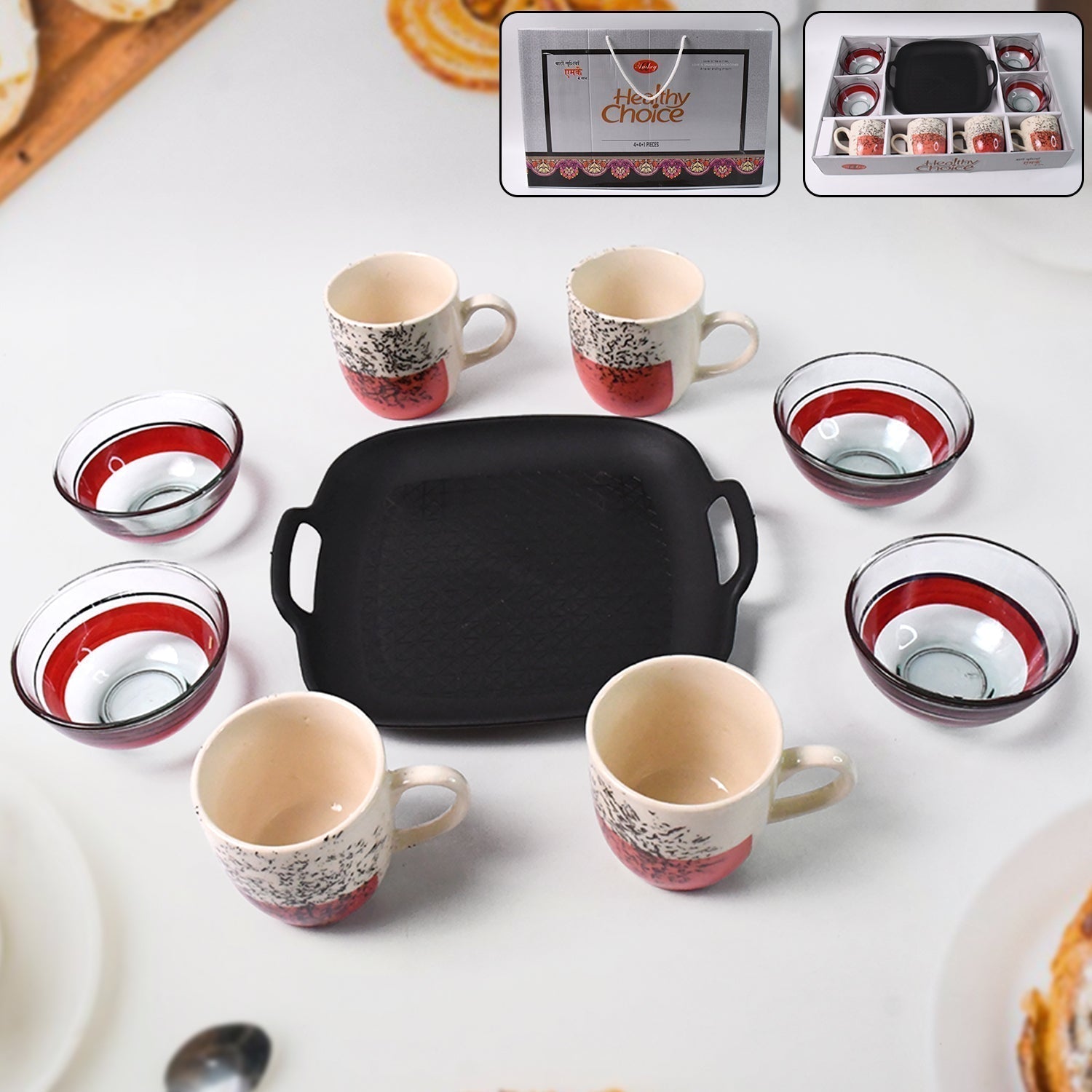 Healthy Choice Set Of 4pc Ceramic Cup And 4pc Glass Bowl With Plastic Plate (9 Pcs Set)