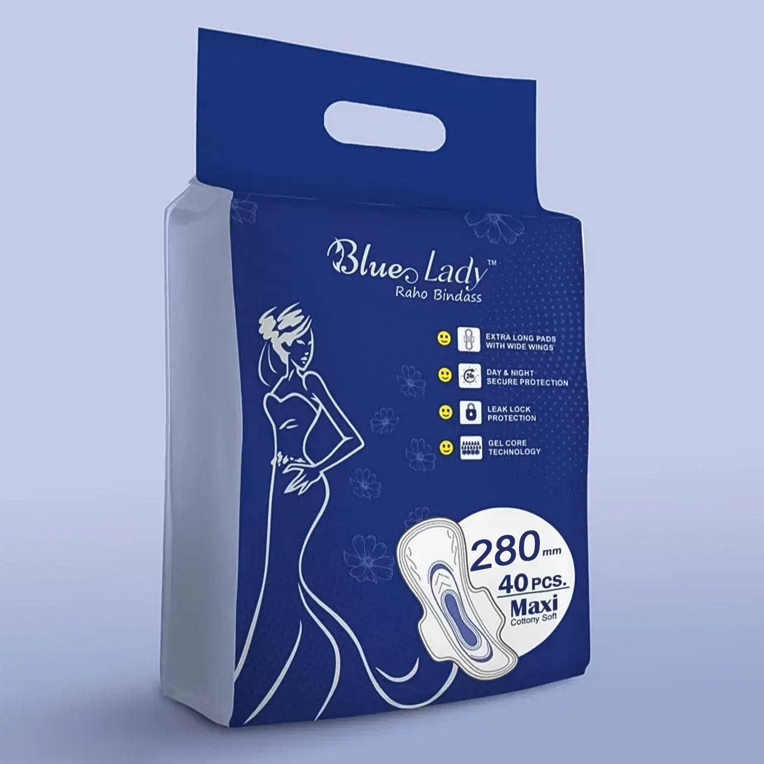 Beautiful Basics Blue Lady Long Pads With Wides Wings Sanitary Pads â€“ 280 mm, 40-Pack