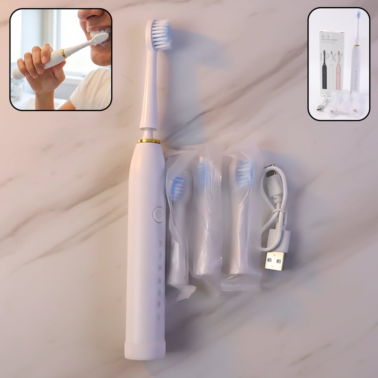 Rechargeable Electric Toothbrush White Color With 3 Extra head (1 Pc/ mix Color)