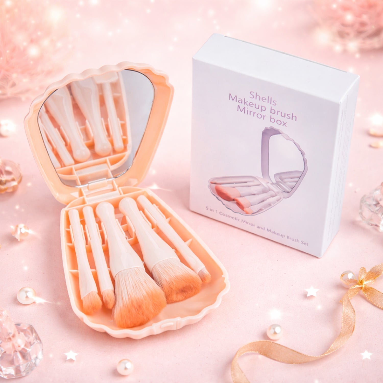 5 in 1 Makeup Brush Set with Mirror Box – Compact Cosmetic Kit