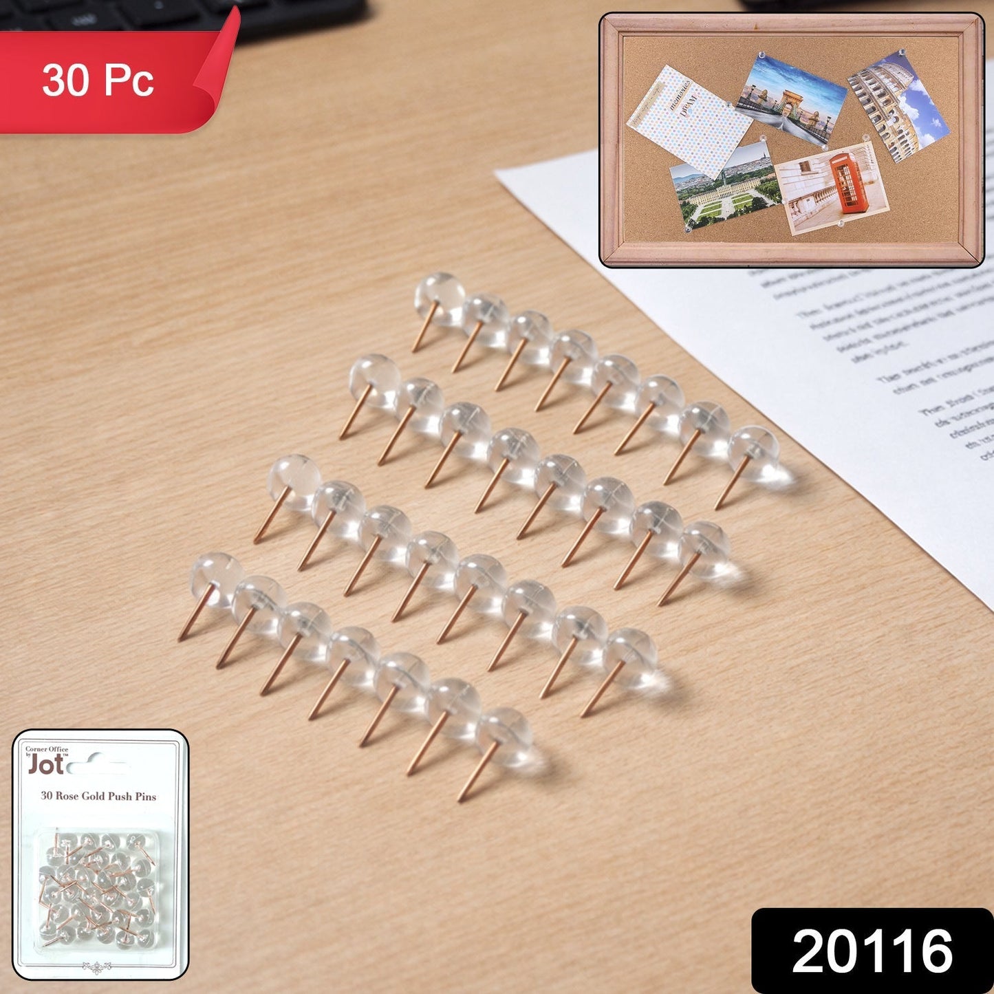 Transparent Crystal Head Push Pins Set for Notice Board (30 pc)