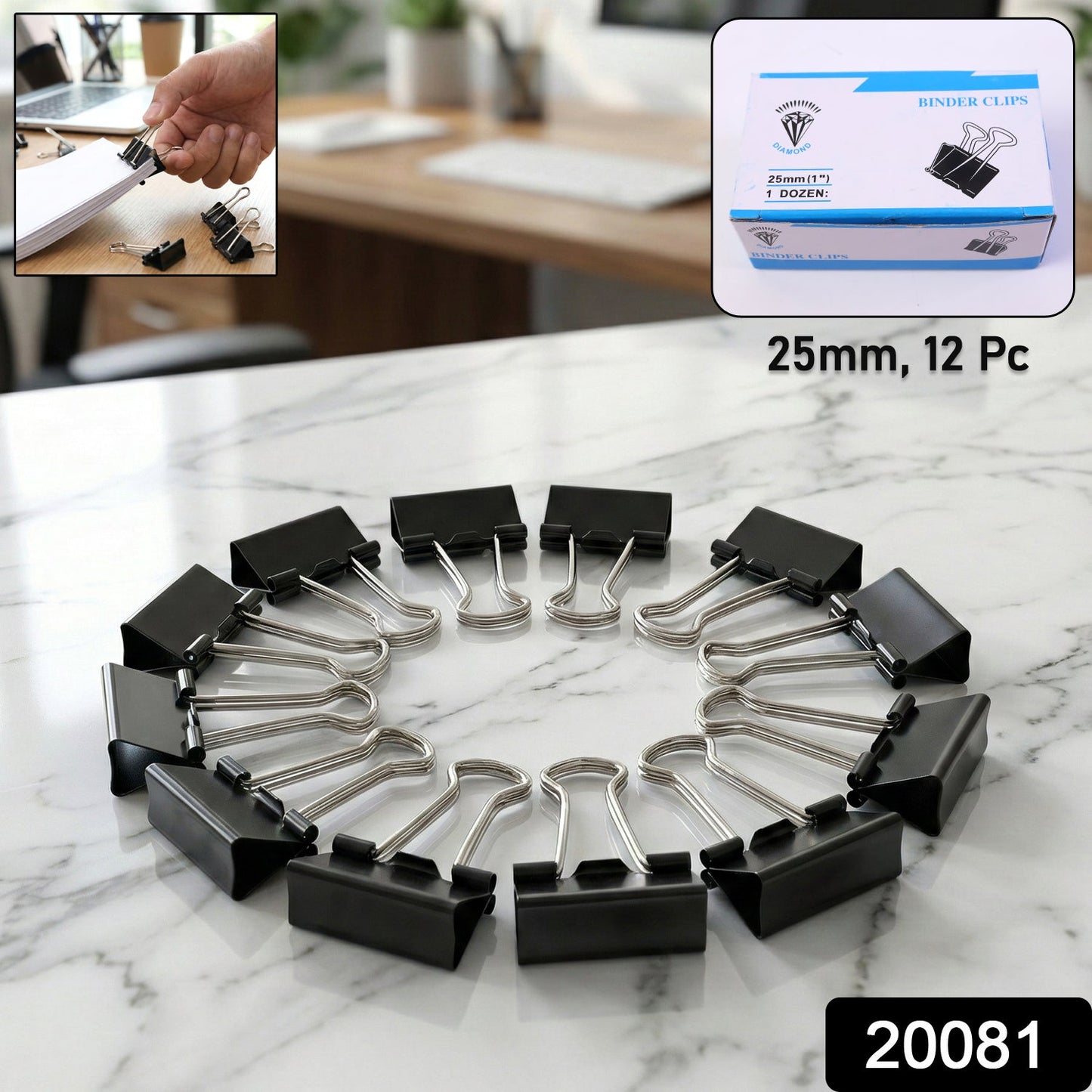 Heavy Duty Black Metal Binder Clips (25 MM, 12 Pieces Set)