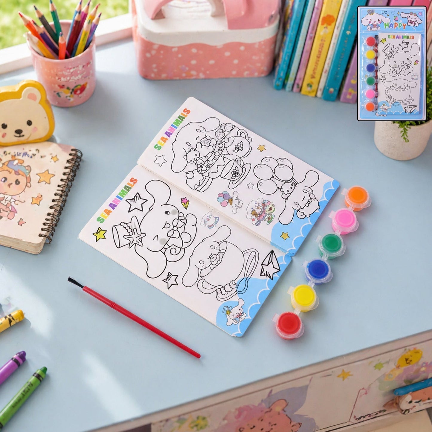 Kids DIY Colour Painting Kit with Cartoon Sketch Book (1 Set)
