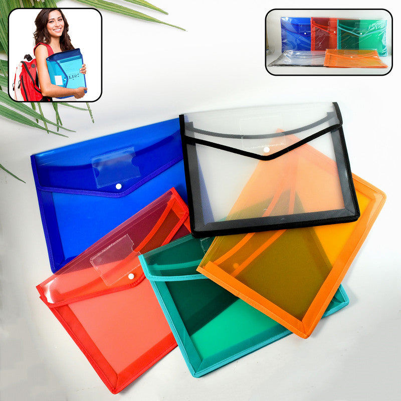 Transparent Document File Folder Multi-Color Button Closure File Bags (1 Pc / Mix Color)