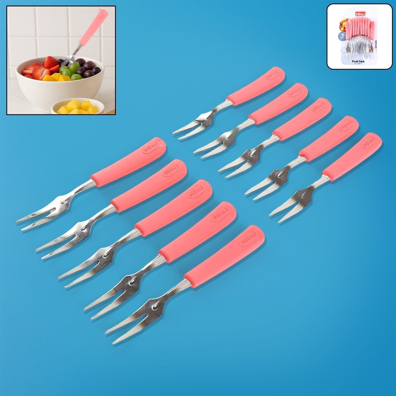 Premium Stainless Steel Fruit Fork Set â€“ 10 Pieces with Soft Non-Slip Handle