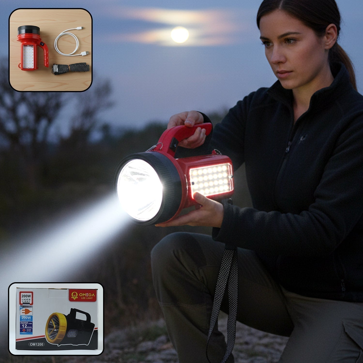 OMEGA 200W High Power LED Laser Torch Light with Side Emergency Light Panel (1 Pc)