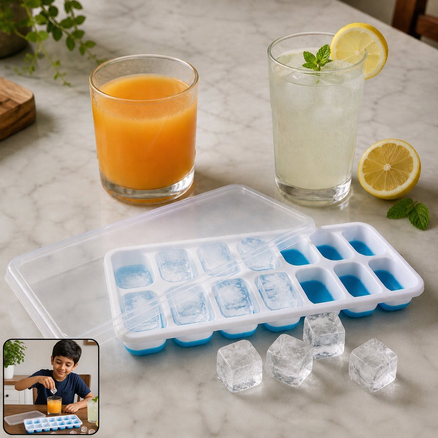 Multipurpose Plastic Ice Cube Tray With Lid (1 Pc, 14 Gride)