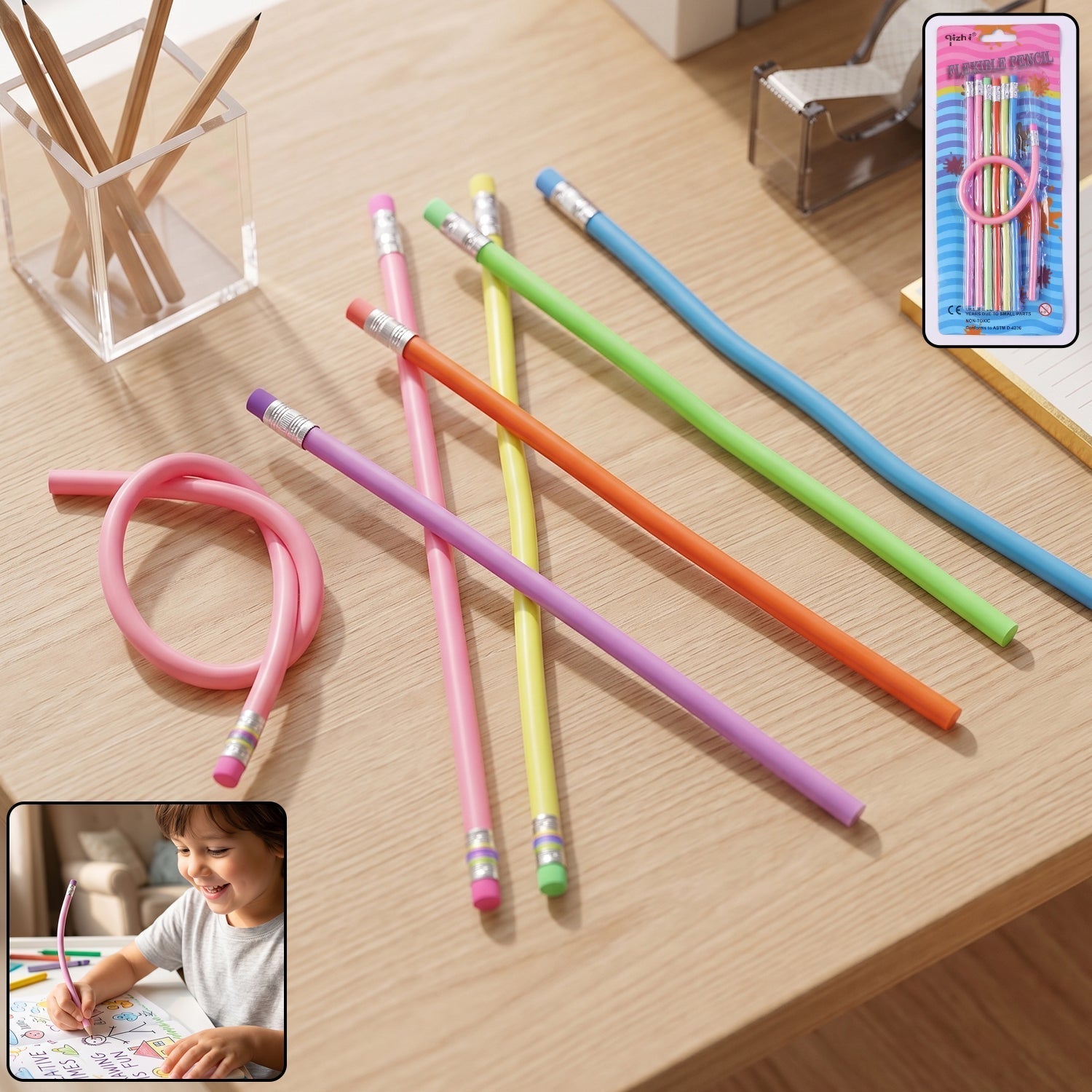 Flexible Bendable Pencils with Eraser – 7 Pc Colorful Soft Magic Pencil Set