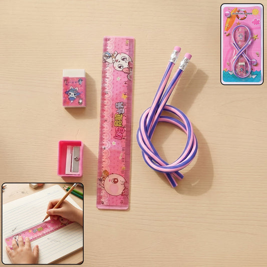 Kids School Stationery Kit – 5 In 1 Cute Cartoon Set with Flexible Pencils