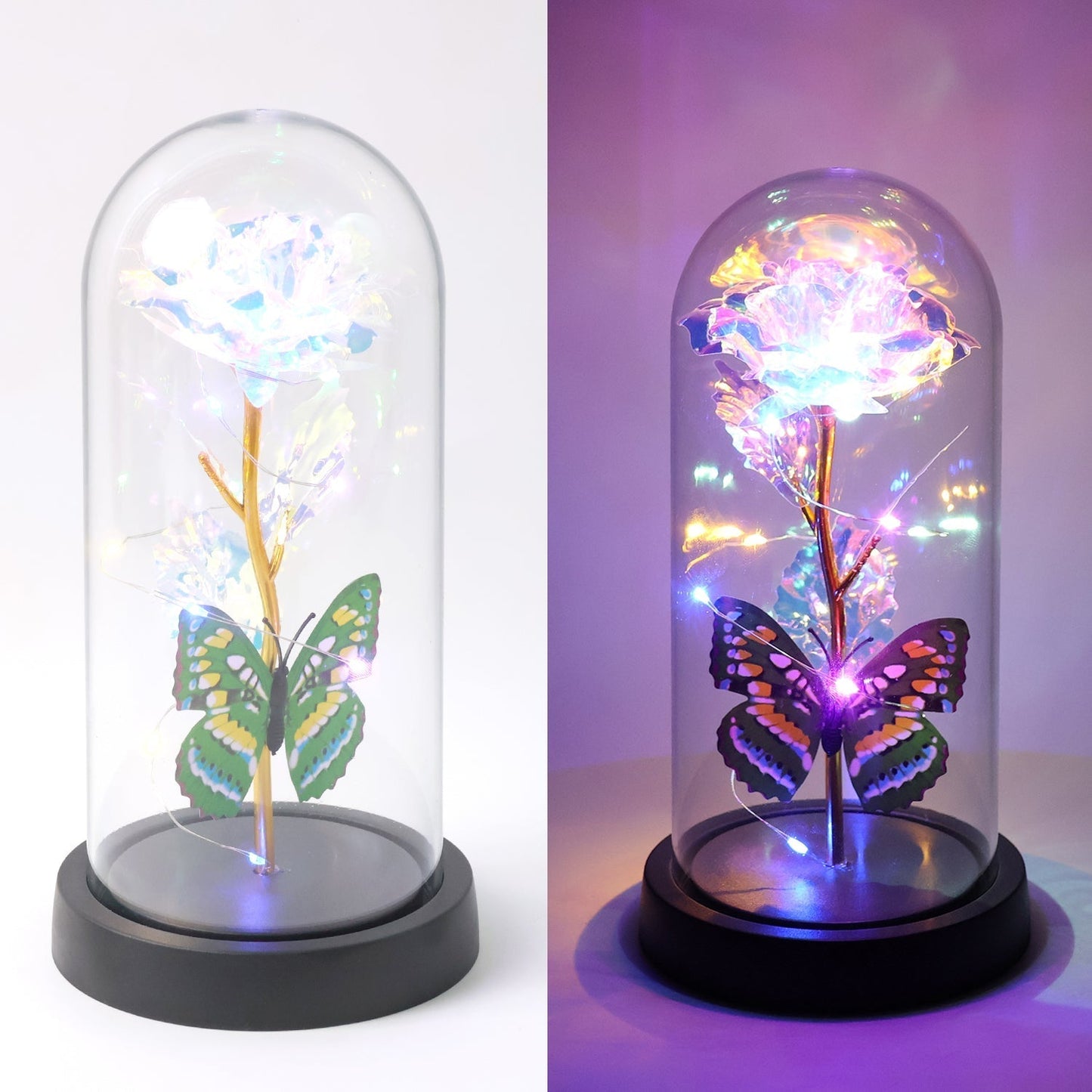 LED Light-Up Eternal Rose with Butterfly in Transparent Dome (1 Pc / Battery not Included)