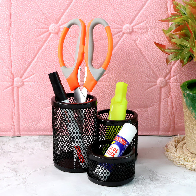 Khyati Trio Metal Mesh Pen Stand â€“ 3-in-1 Round Desk Organizer Set