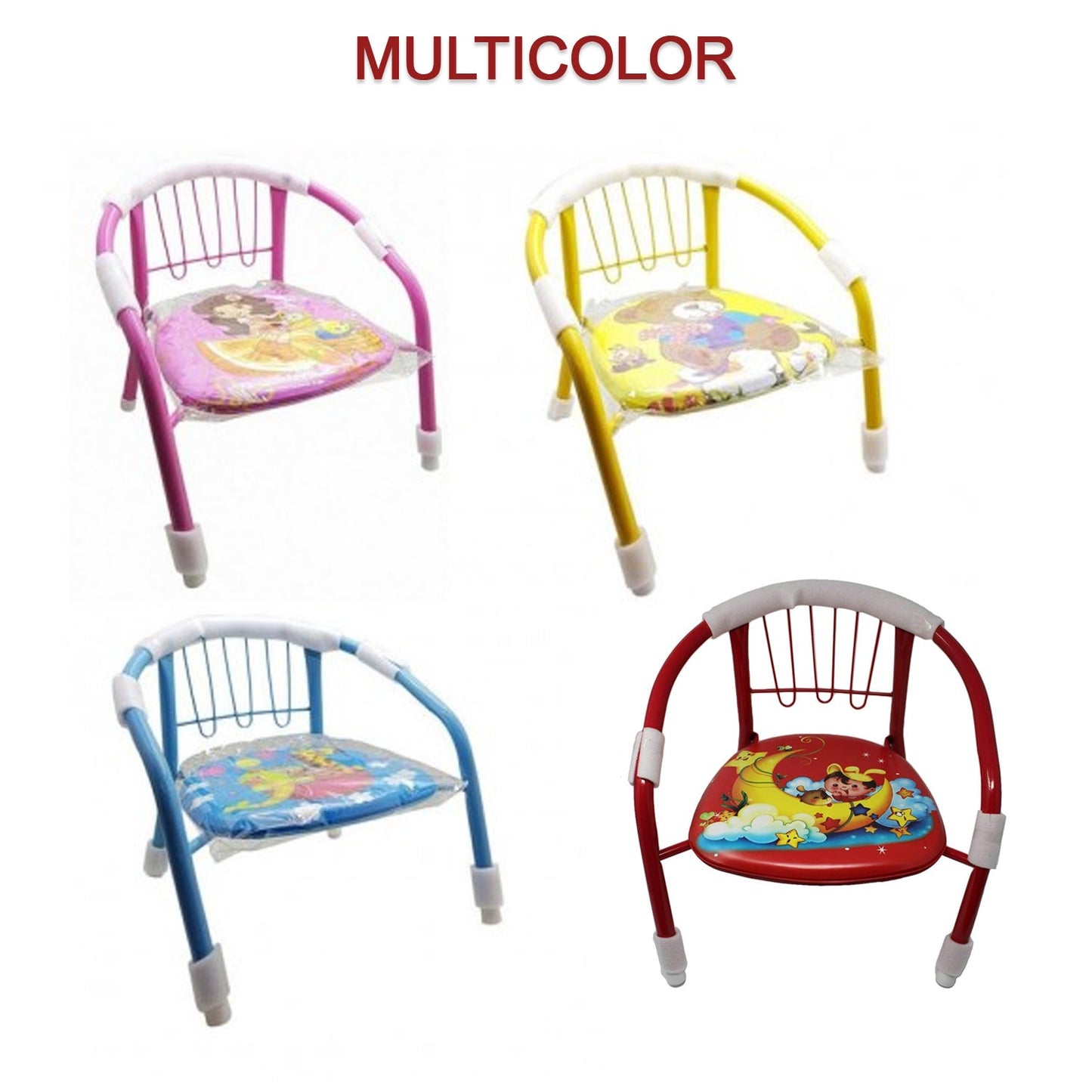 Multicolor Cartoon Design Baby Chair with Metal Backrest Frame & Sound Seated Soft Cushion for kids & Toddlers (MOQ - 4 pcs)