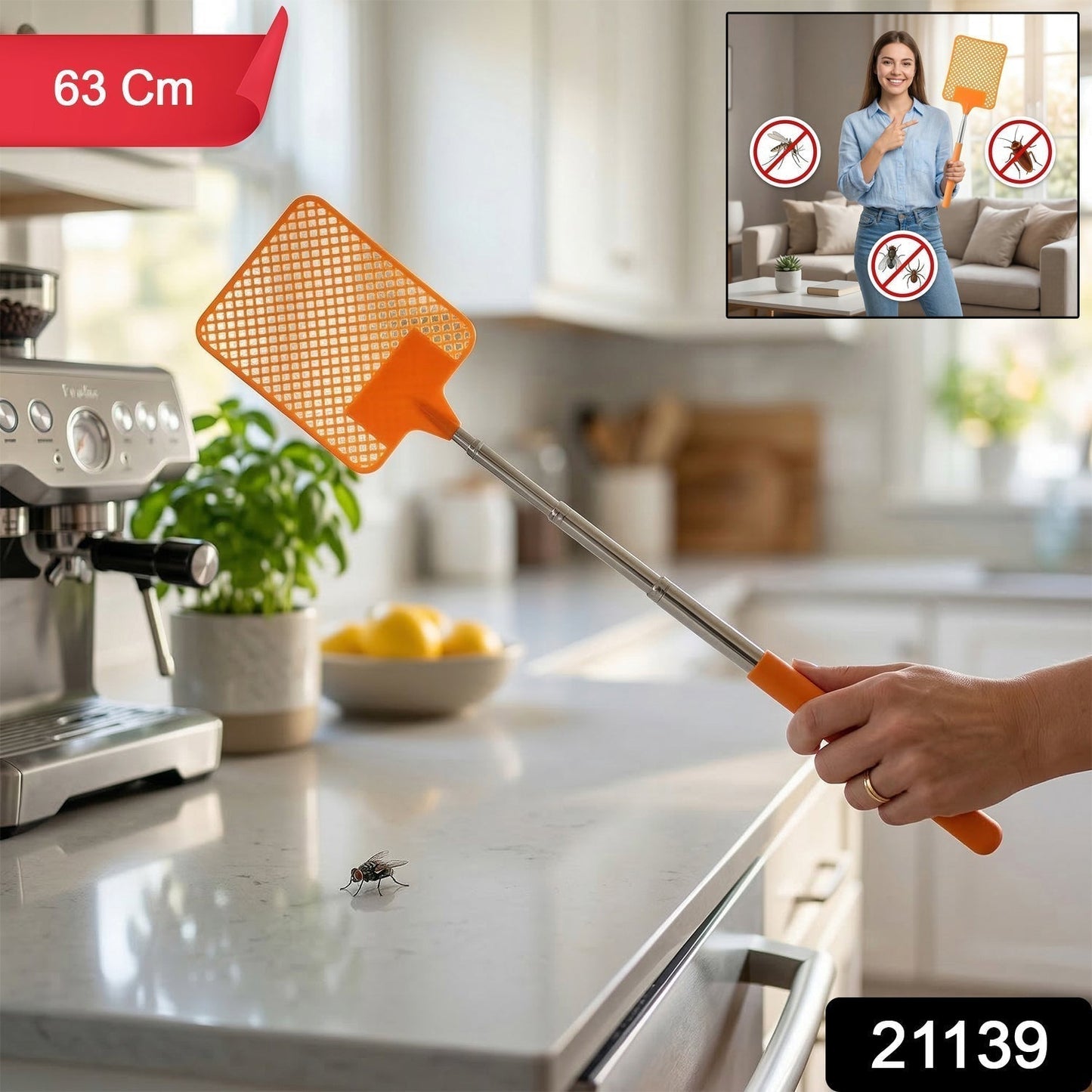 Multipurpose Plastic Fly Swatter With Extendable Handle (1 Pc, 63 Cm)