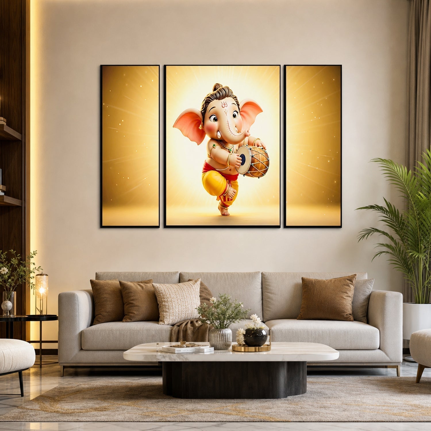 Ganesha 3 Panel MDF Wall Frame Home Decor Religious Art 16.5x12in (1 Pc)