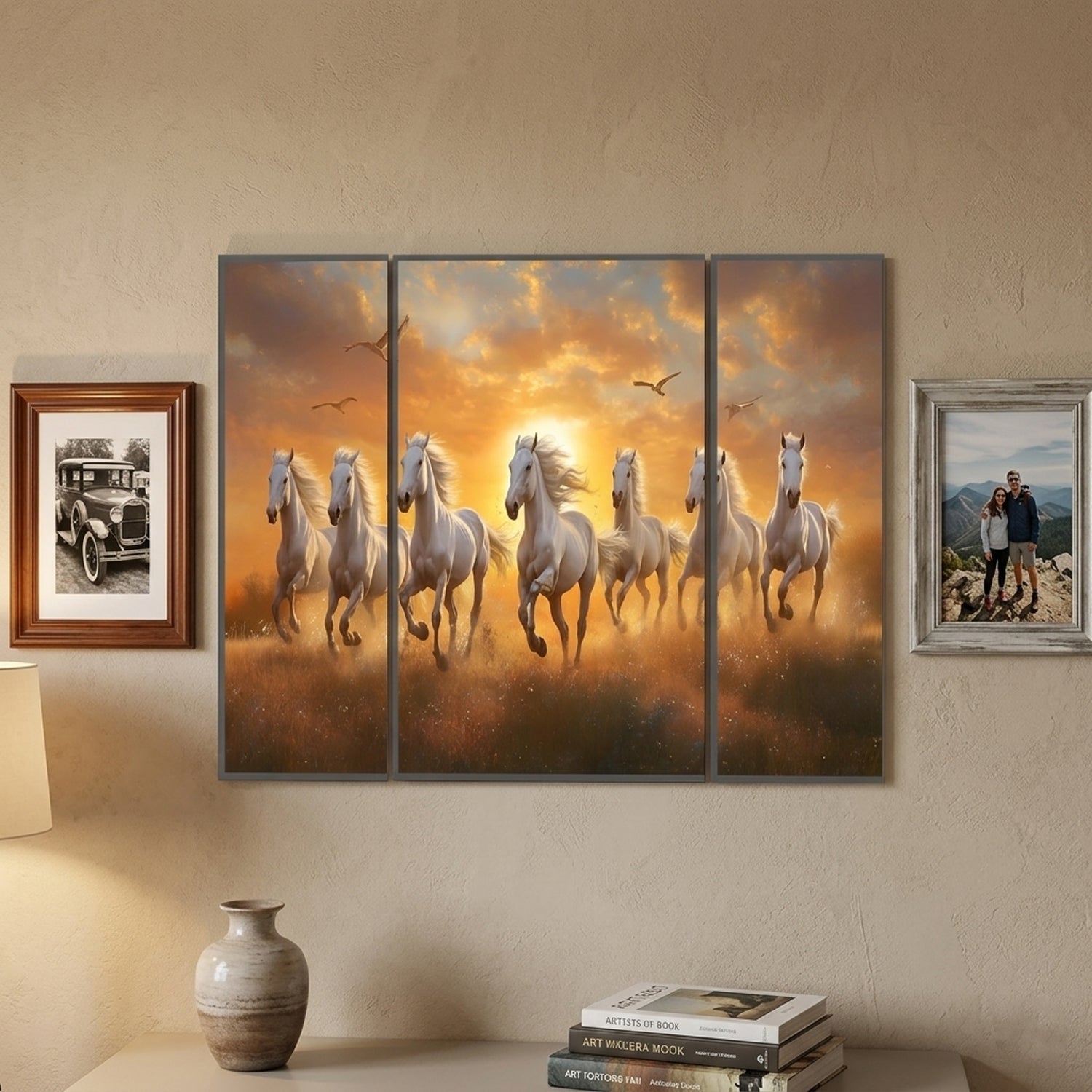Horses Sunset 3 Panel MDF Wall Art Painting 16.5x12 Inch