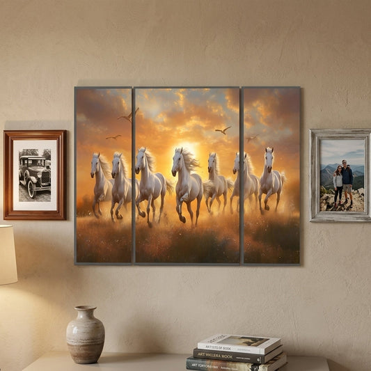 Horses Sunset 3 Panel MDF Wall Art Painting 16.5x12 Inch