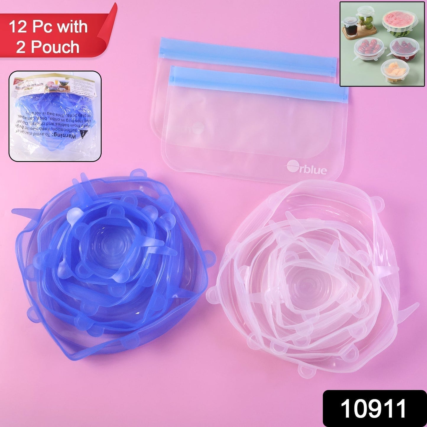 12 Peace Reusable Stretch Lids Set with 2 Storage Pouches â€“ Flexible Food Cover Lids