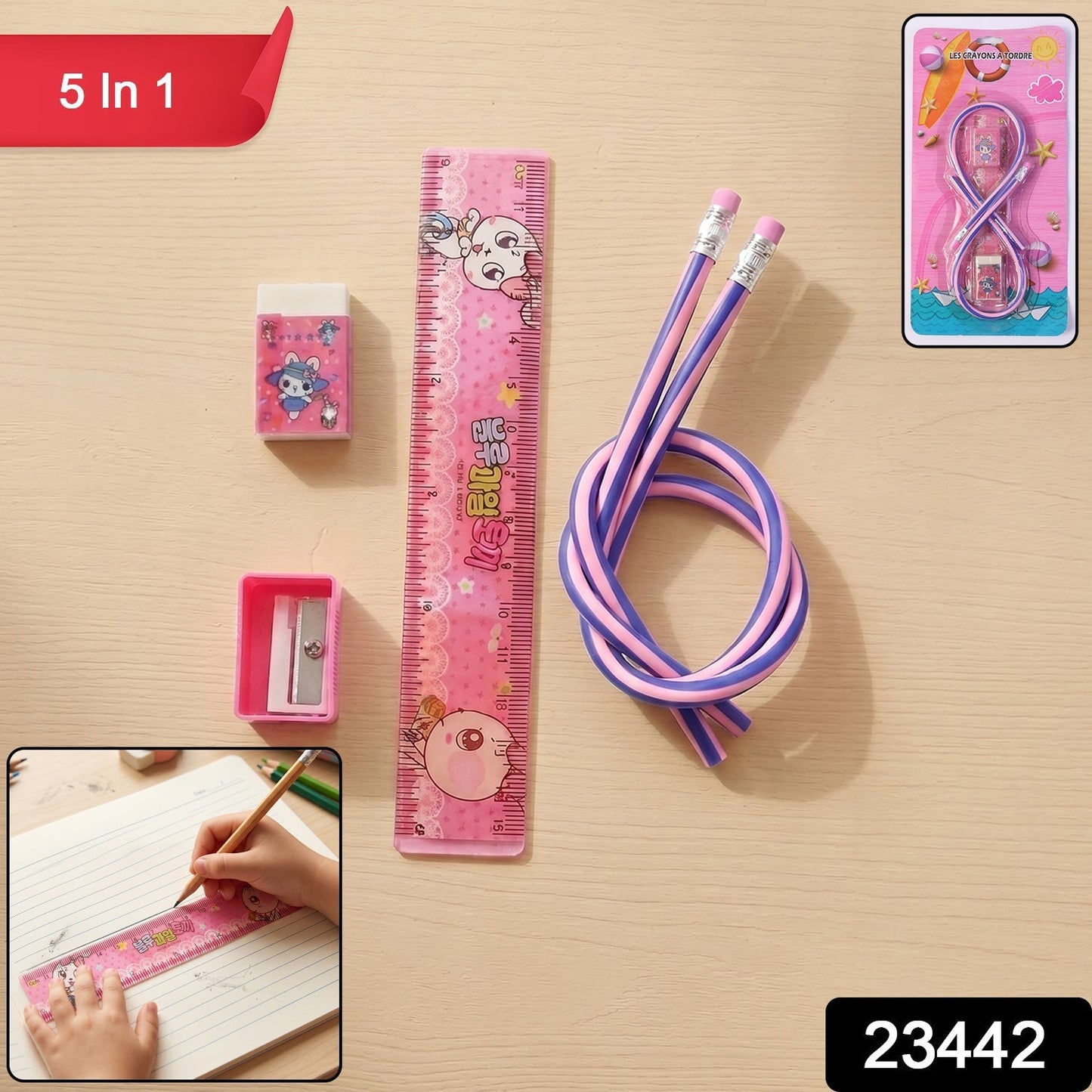 Kids School Stationery Kit – 5 In 1 Cute Cartoon Set with Flexible Pencils