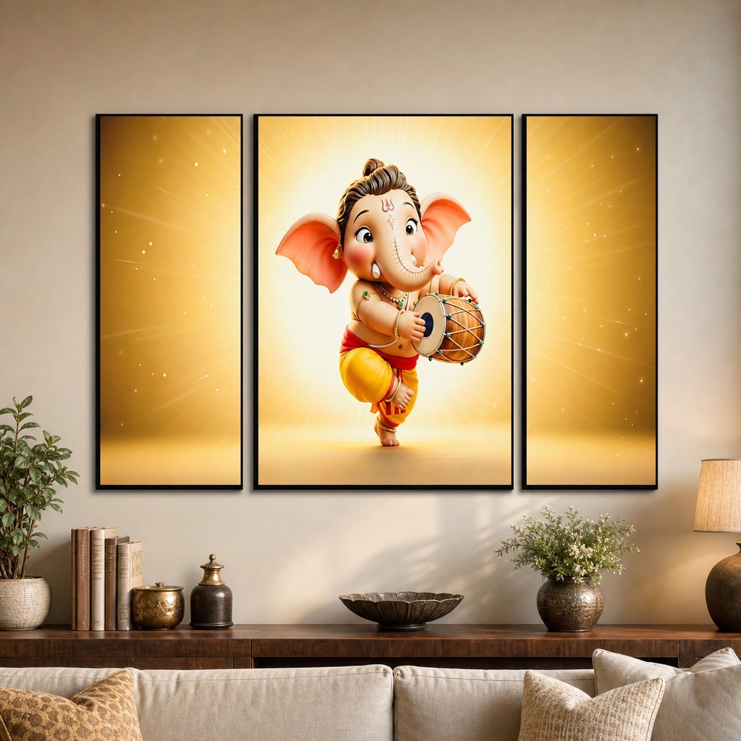 Ganesha 3 Panel MDF Wall Frame Home Decor Religious Art 16.5x12in (1 Pc)
