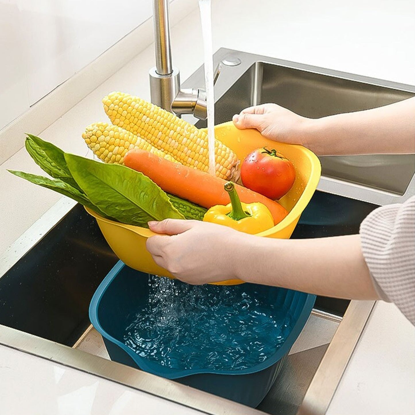 Plastic Washing Bowl & Strainer Basket for Kitchen (Set of 2)