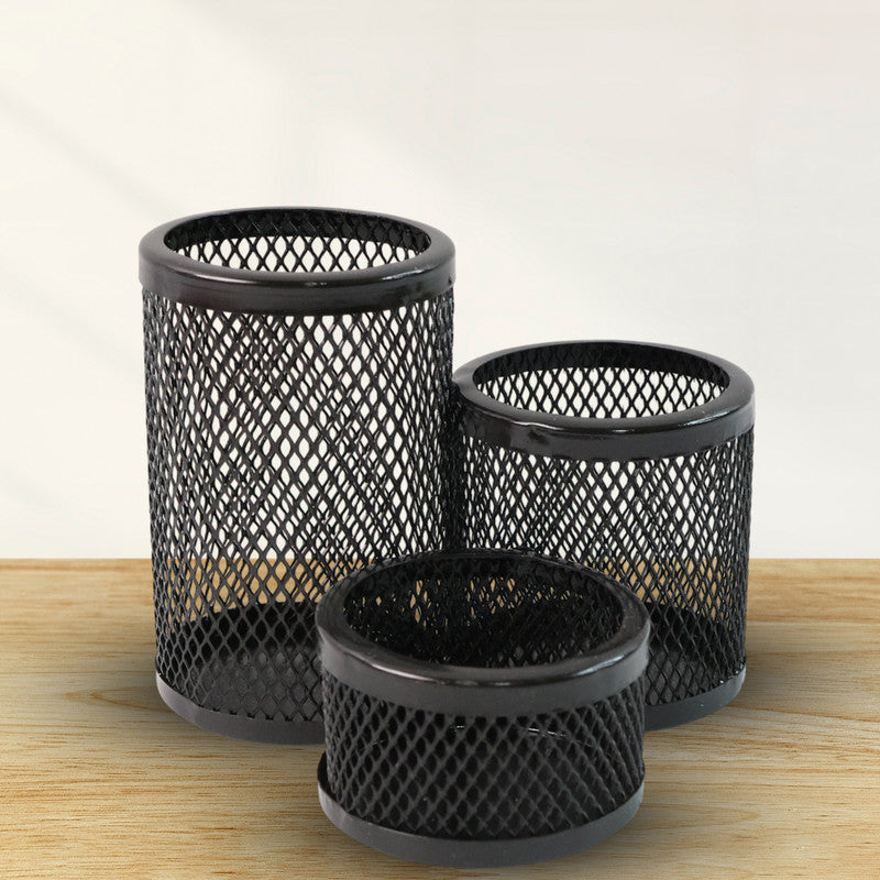 Khyati Trio Metal Mesh Pen Stand â€“ 3-in-1 Round Desk Organizer Set