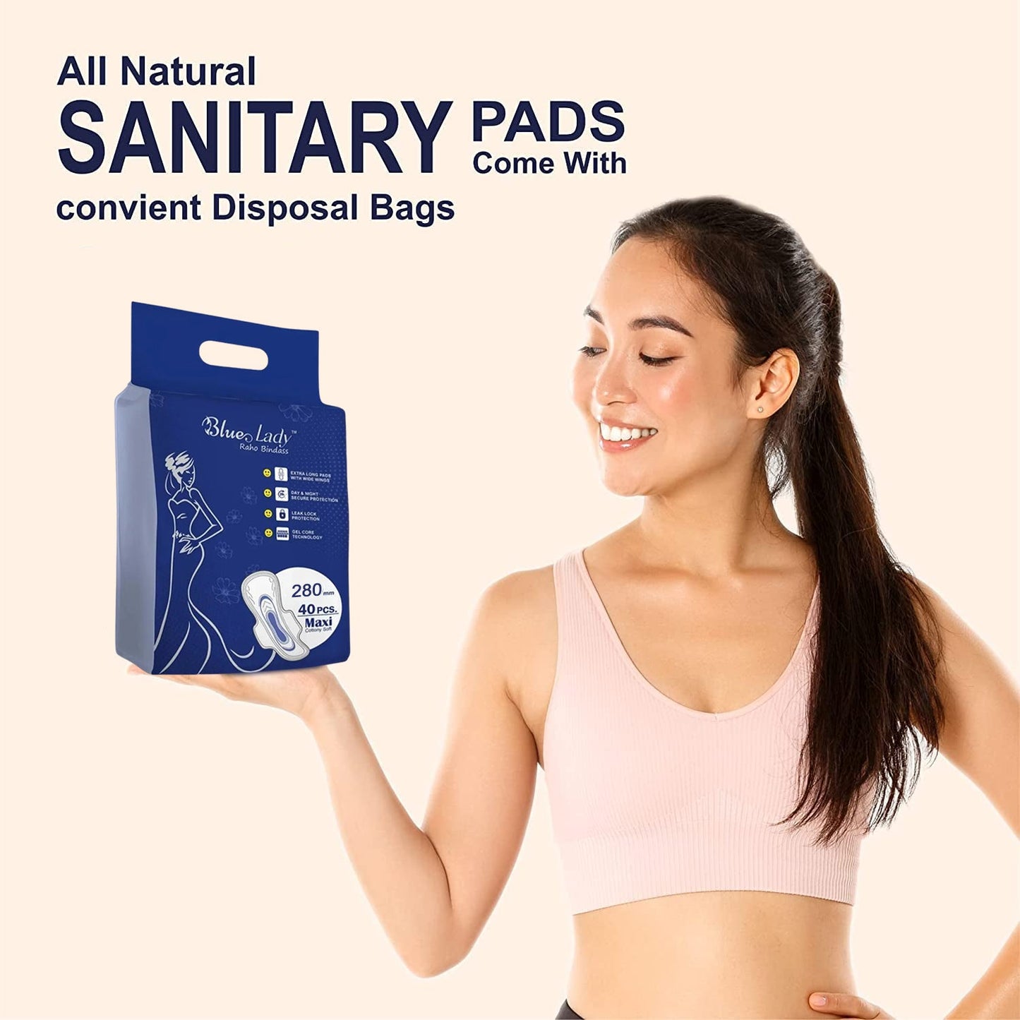 Beautiful Basics Blue Lady Long Pads With Wides Wings Sanitary Pads â€“ 280 mm, 40-Pack