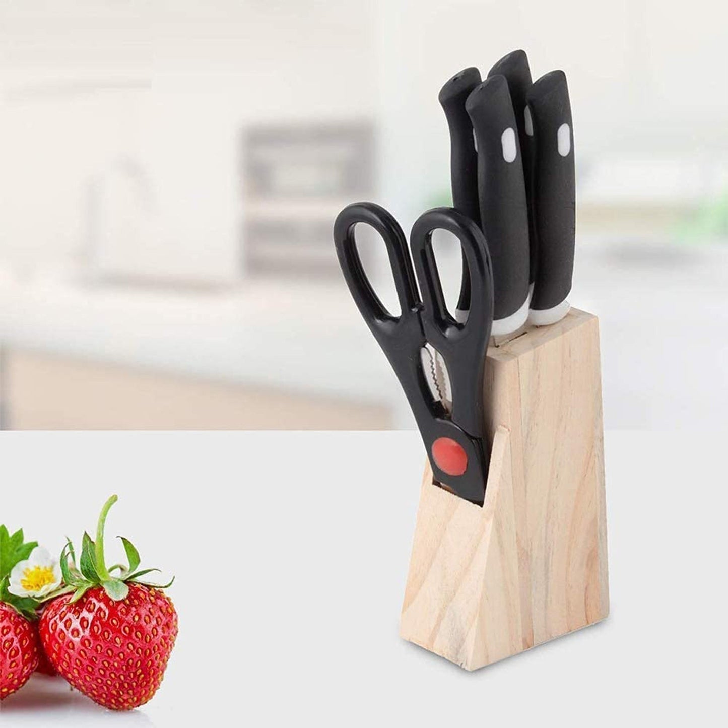 Kitchen Knife Set with Wooden Block and Scissors, Chhari (5 pcs, Black)