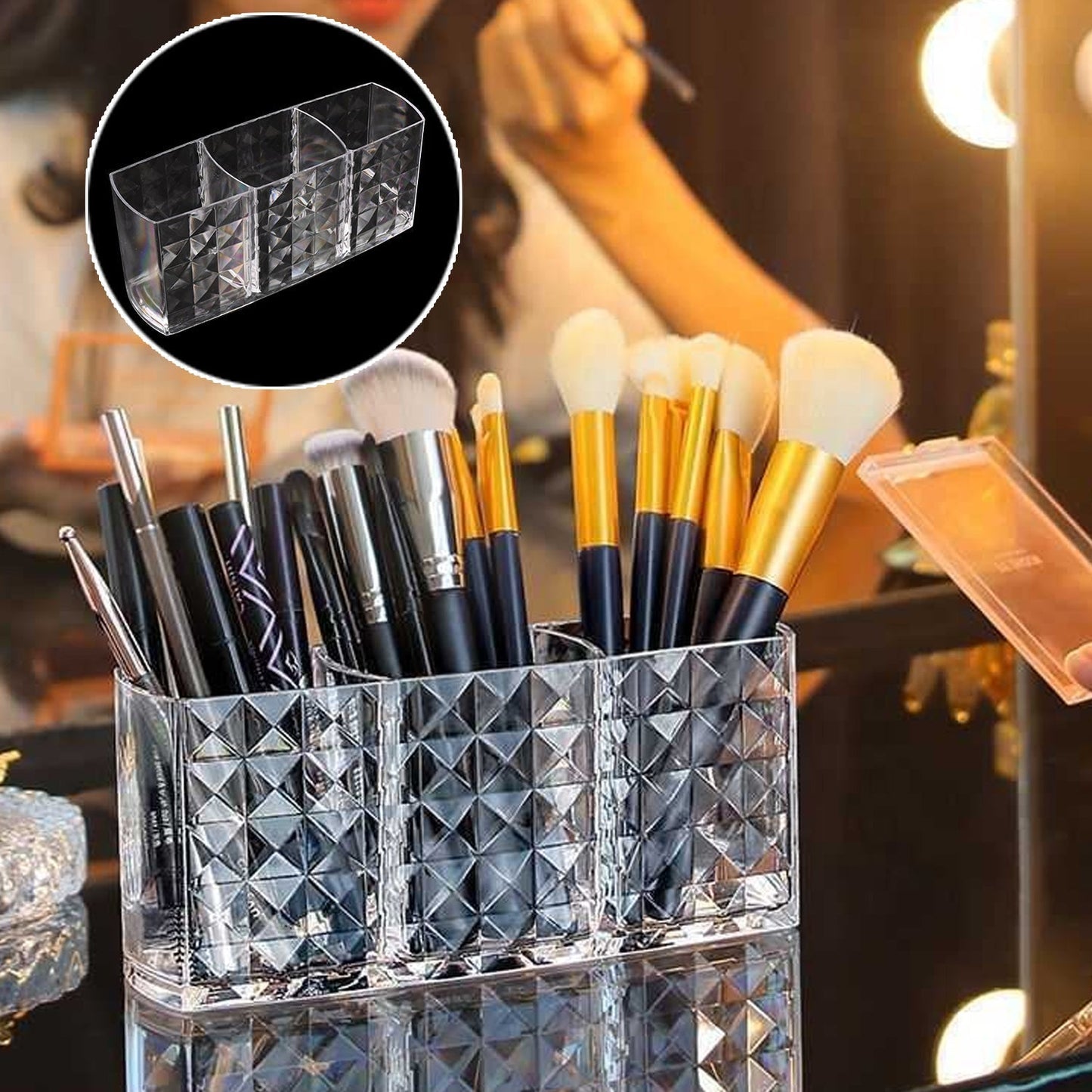 Elegant Crystal-Effect 3-Compartment Acrylic Makeup Brush Holder (1 Pc)