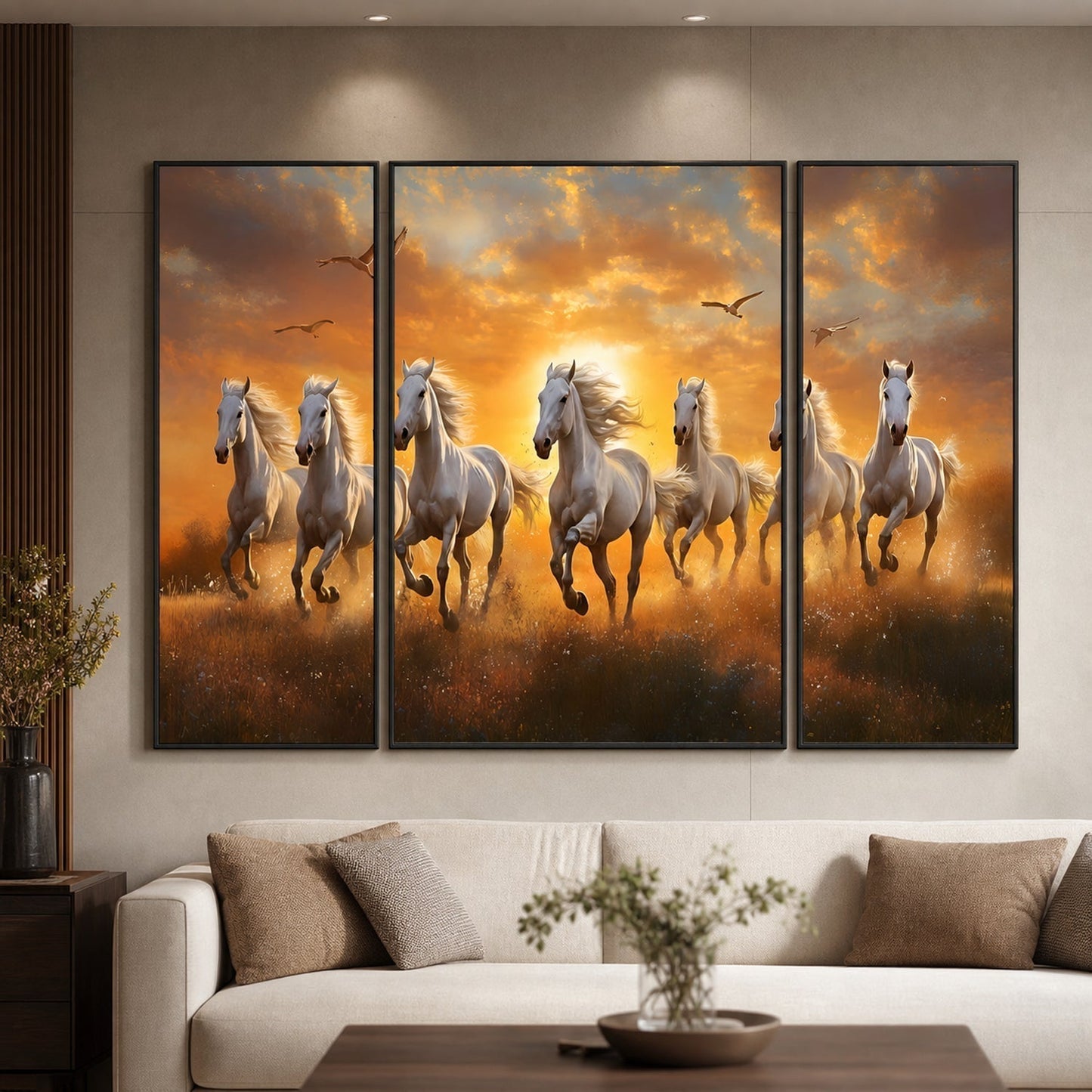 Horses Sunset 3 Panel MDF Wall Art Painting 16.5x12 Inch
