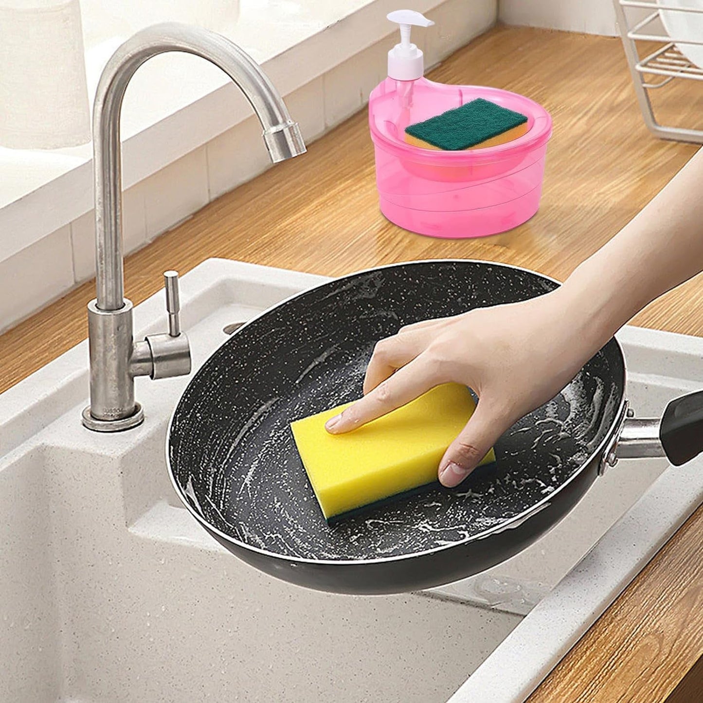 2-in-1 Double Layer Liquid Soap Dispenser with Pump & Sponge – Practical Kitchen & Hotel Sink Soap Pump Bottle (Rectangle)
