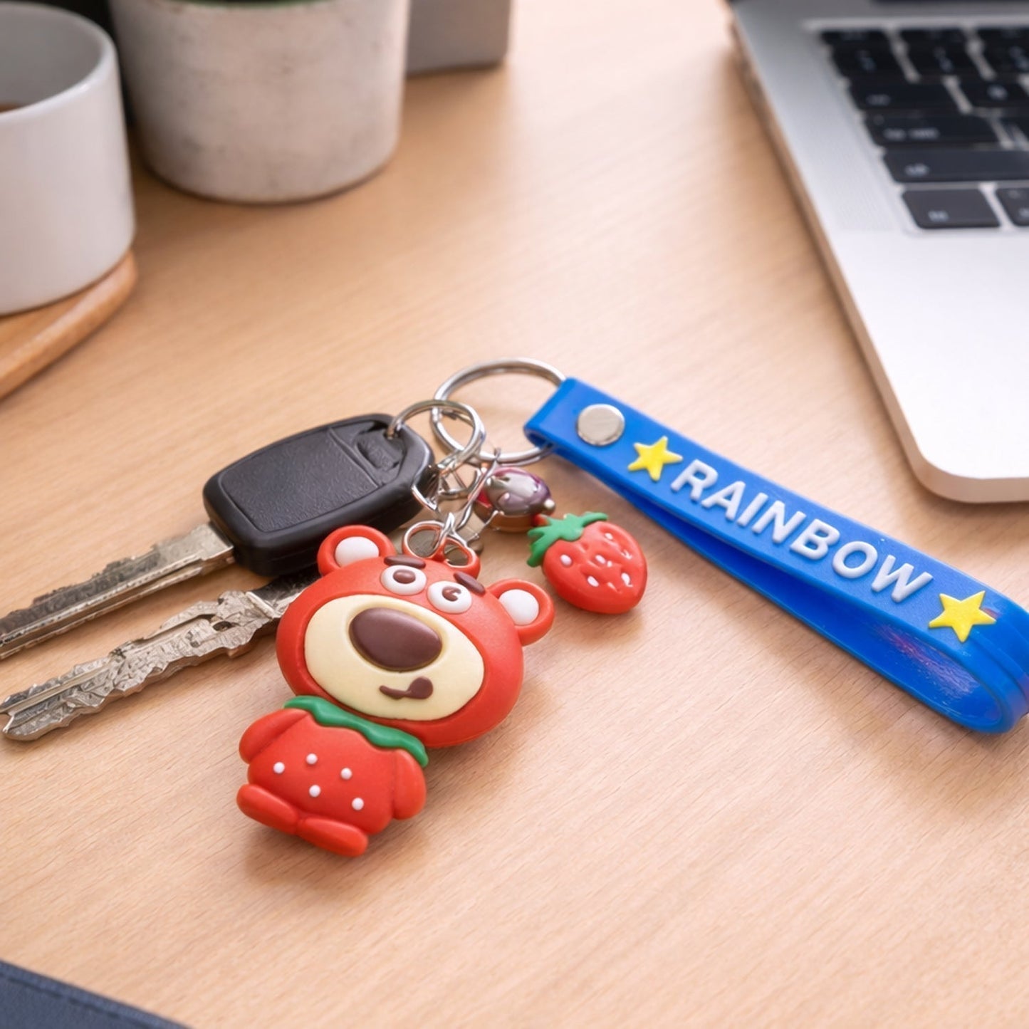 Cute Teddy Bear Keychain with Rainbow Strap (1 Pc)