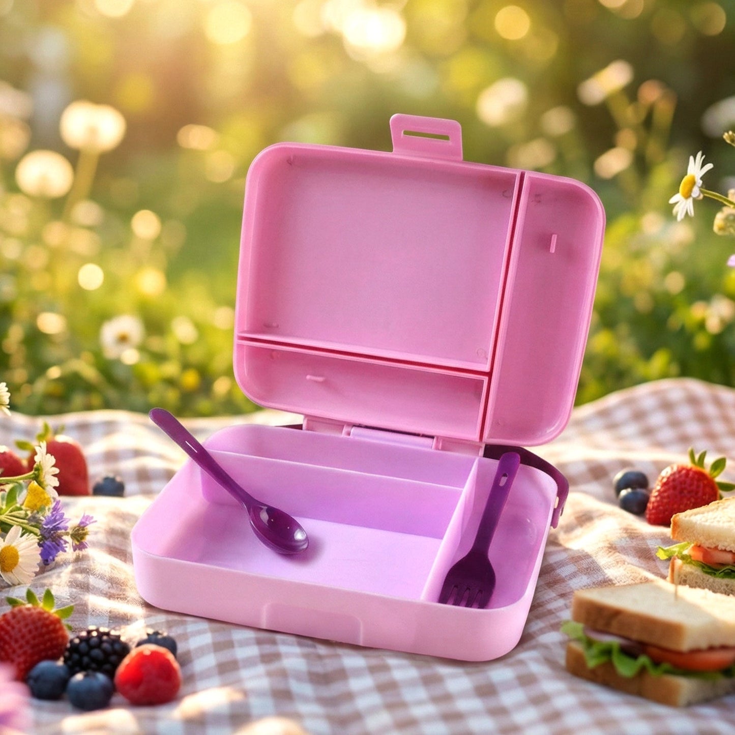Smart Leak Proof Lunch Box with 3 Compartments and Spoon Set (1 Set)