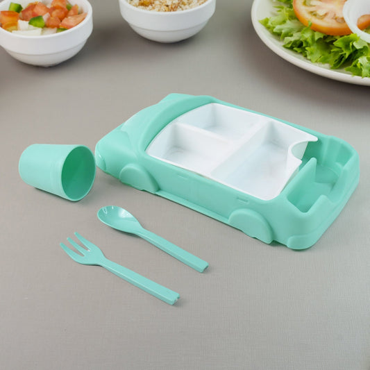 Kid's Car Shaped Plates Cup / Lunch Box Dinnerware Set (4 Pcs Set / 1000 ML Lunch Box)
