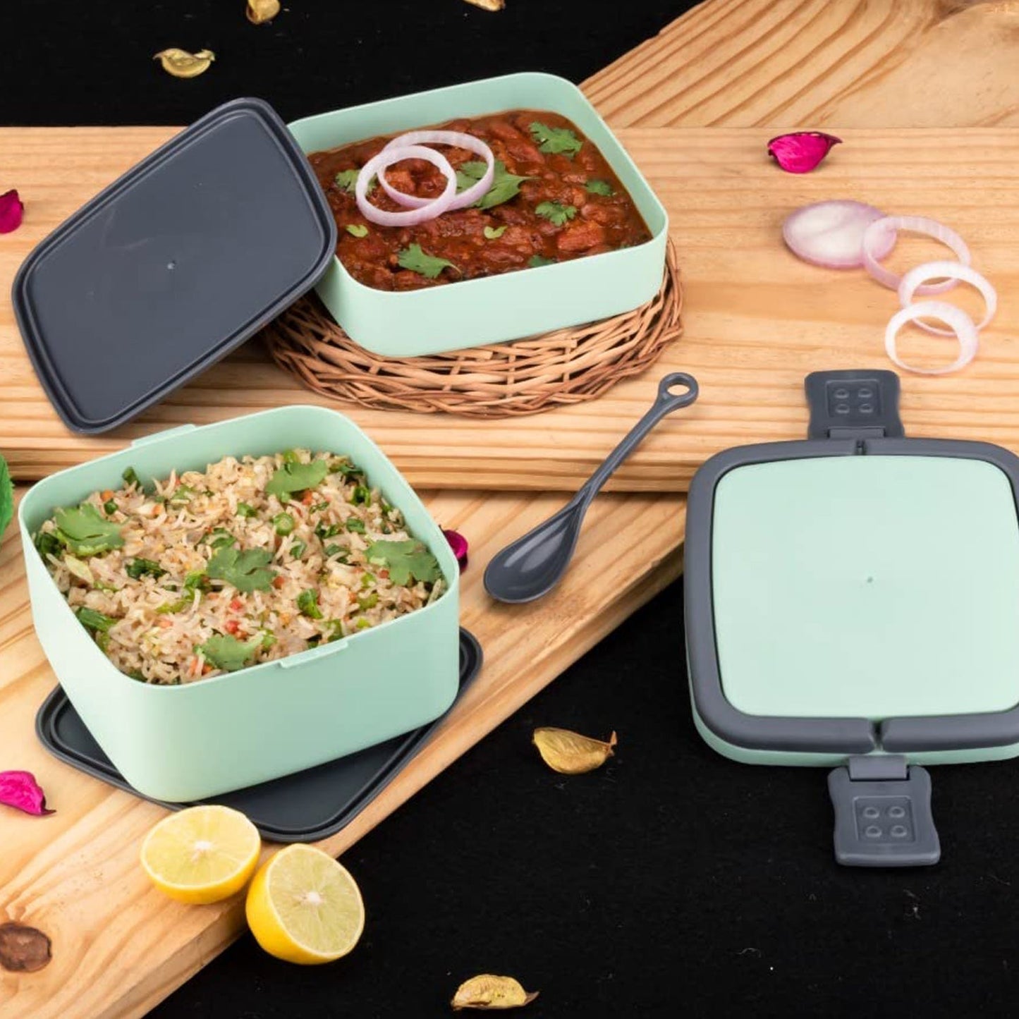 GREEN DOUBLE-LAYER PORTABLE LUNCH BOX STACKABLE WITH CARRYING HANDLE AND SPOON LUNCH BOX , Bento Lunch Box