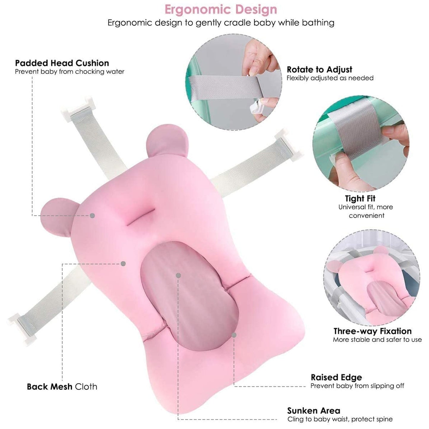 Baby Bath Pillow Newborn Anti-Slip Bathtub Pad Foldable with Strap For 0-6 Month Baby