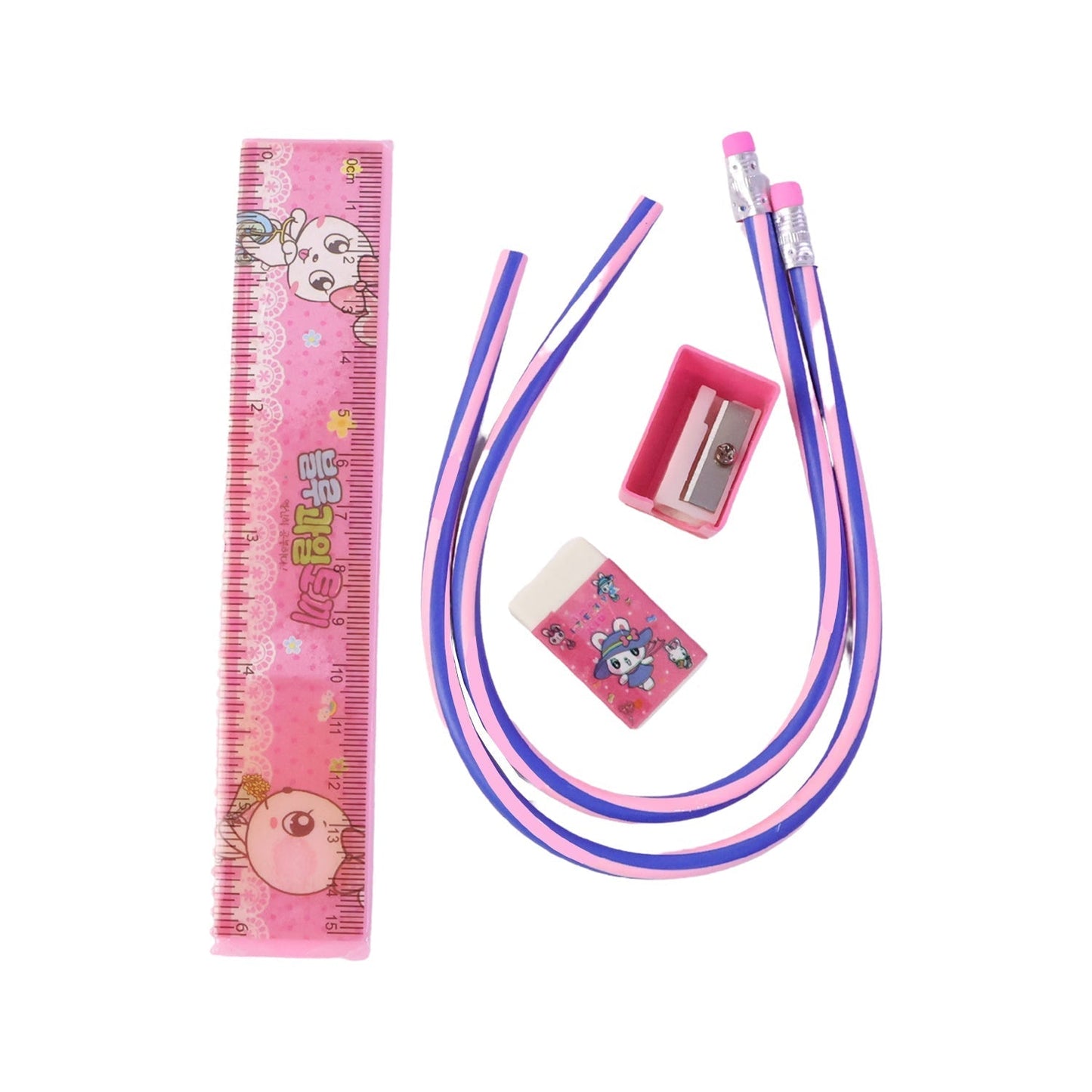 Kids School Stationery Kit – 5 In 1 Cute Cartoon Set with Flexible Pencils