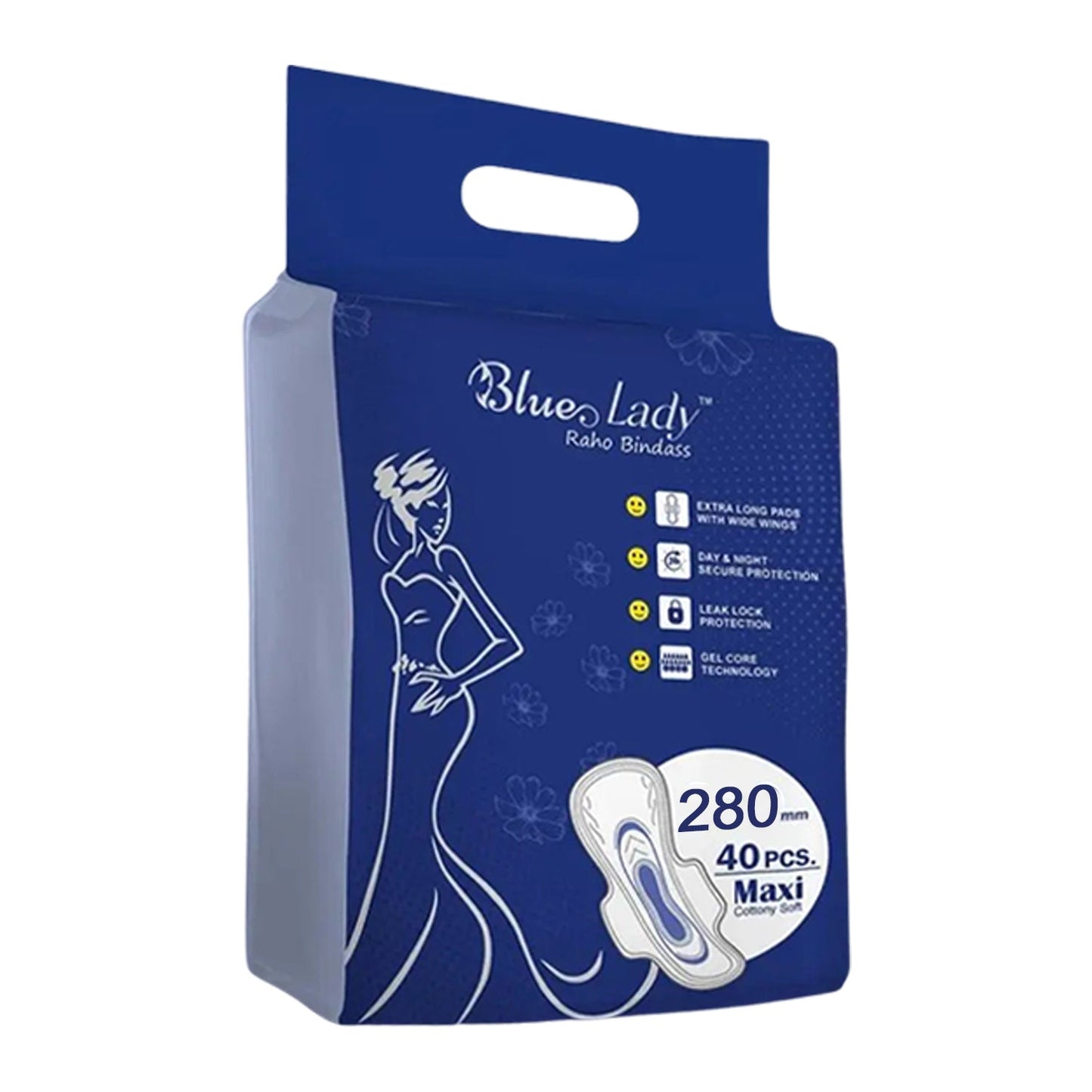 Beautiful Basics Blue Lady Long Pads With Wides Wings Sanitary Pads â€“ 280 mm, 40-Pack