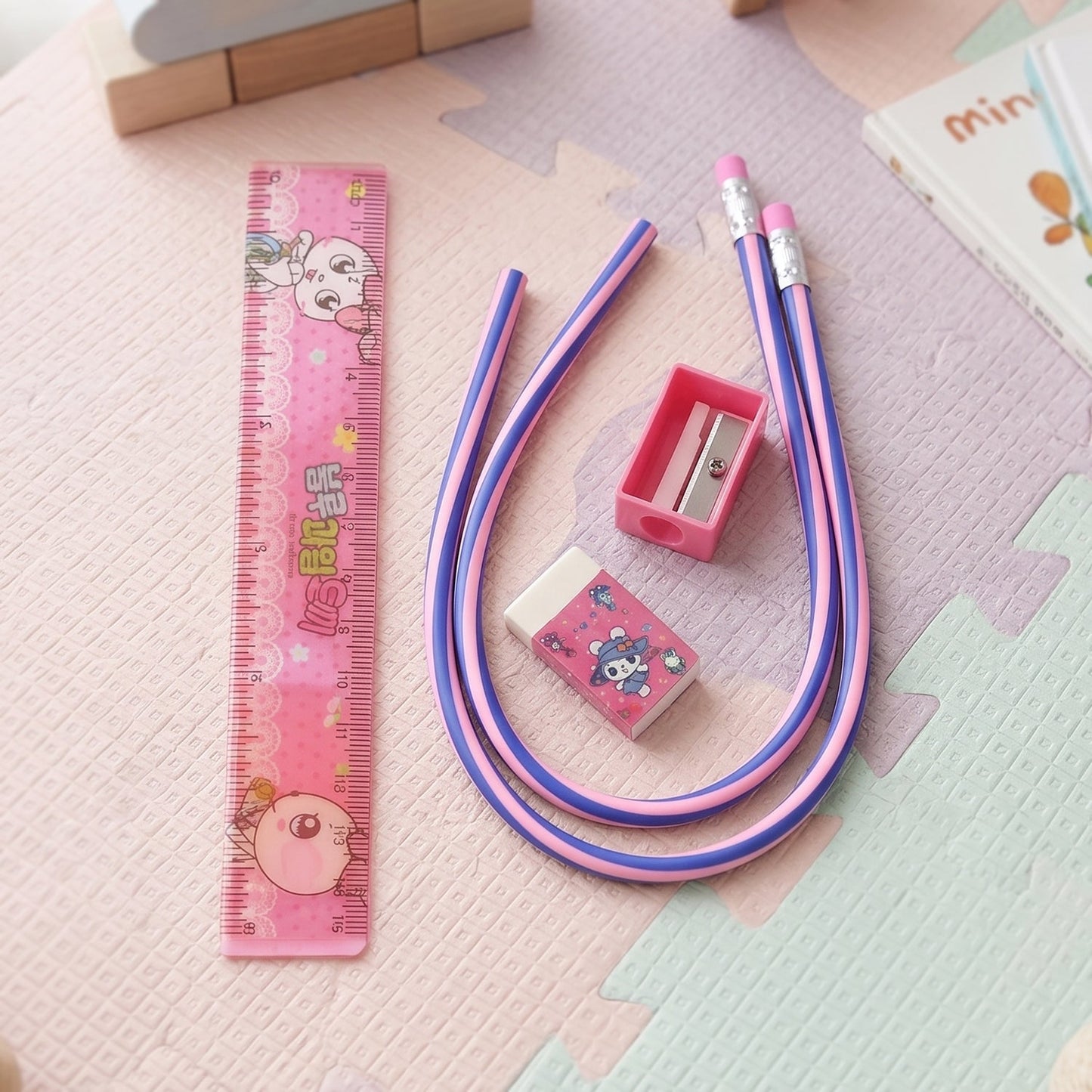 Kids School Stationery Kit – 5 In 1 Cute Cartoon Set with Flexible Pencils