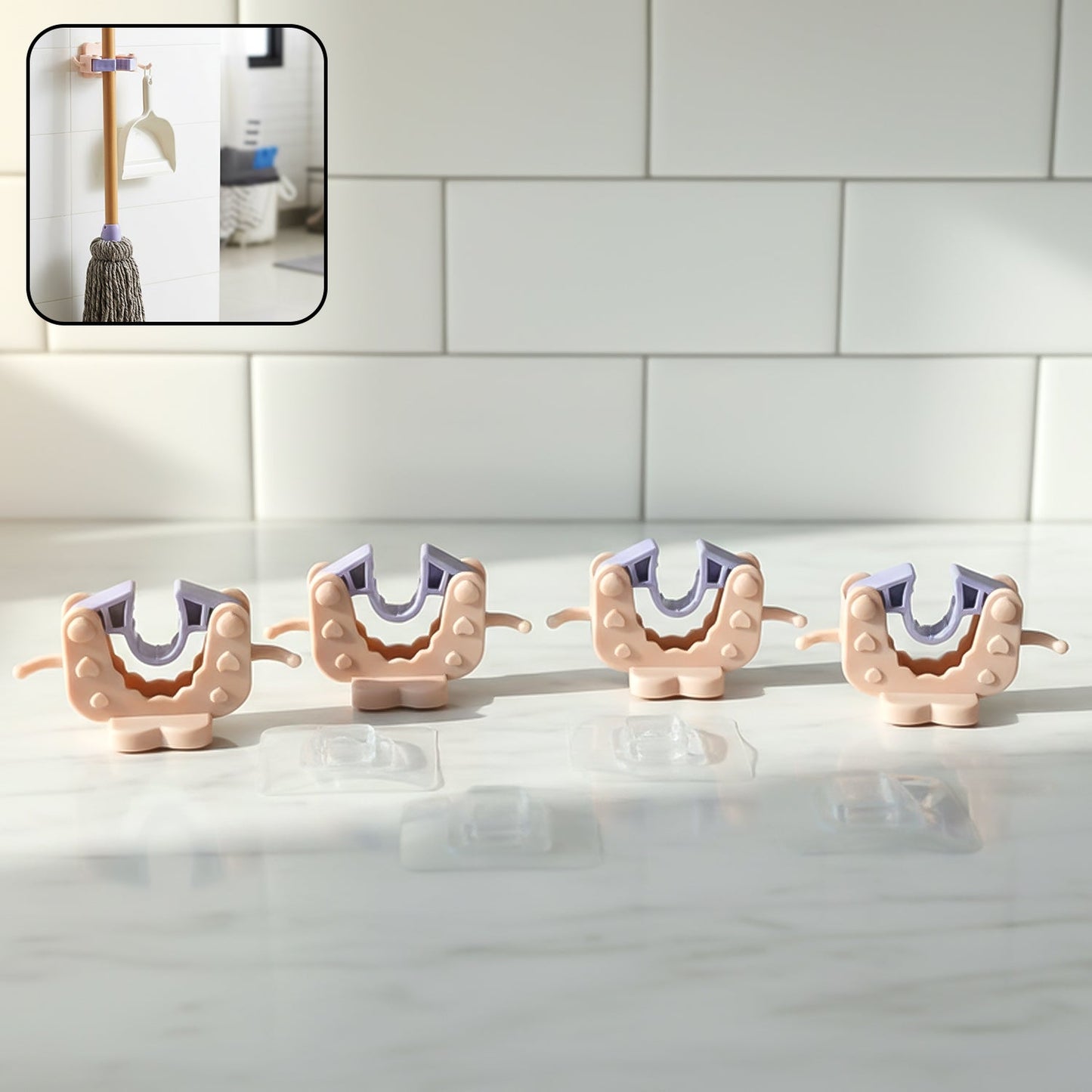 Wall Mounted Broom & Mop Holder Clips (4 Pc Set)