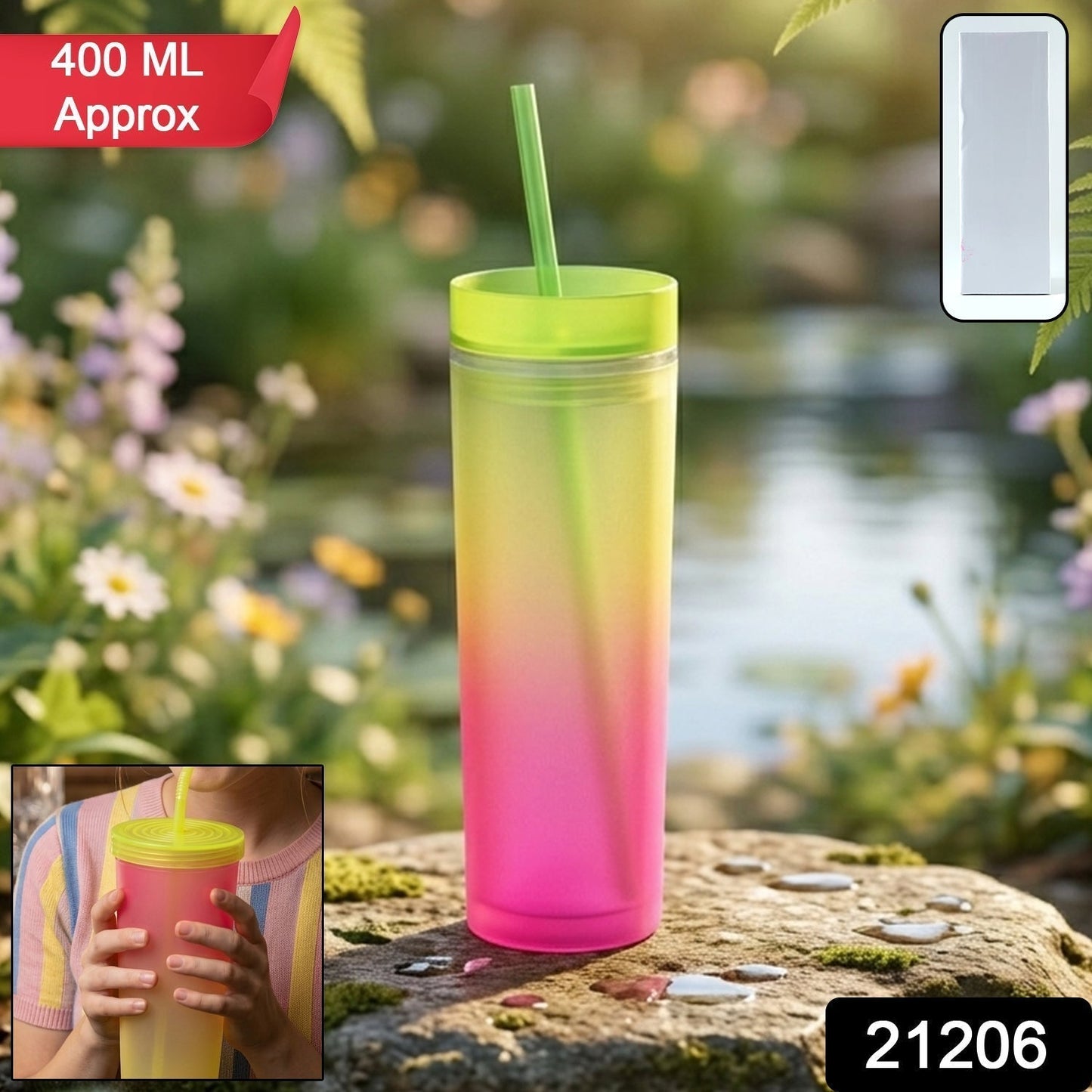 Gradient Plastic Drinking Tumbler Cup with Lid and Straw 400 ML Approx