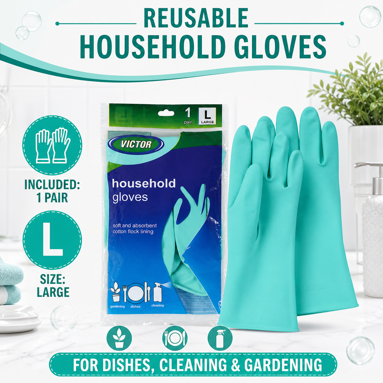 Large Victor Green Cleaning Rubber Gloves Reusable Kitchen Dishwash (1 Pair)